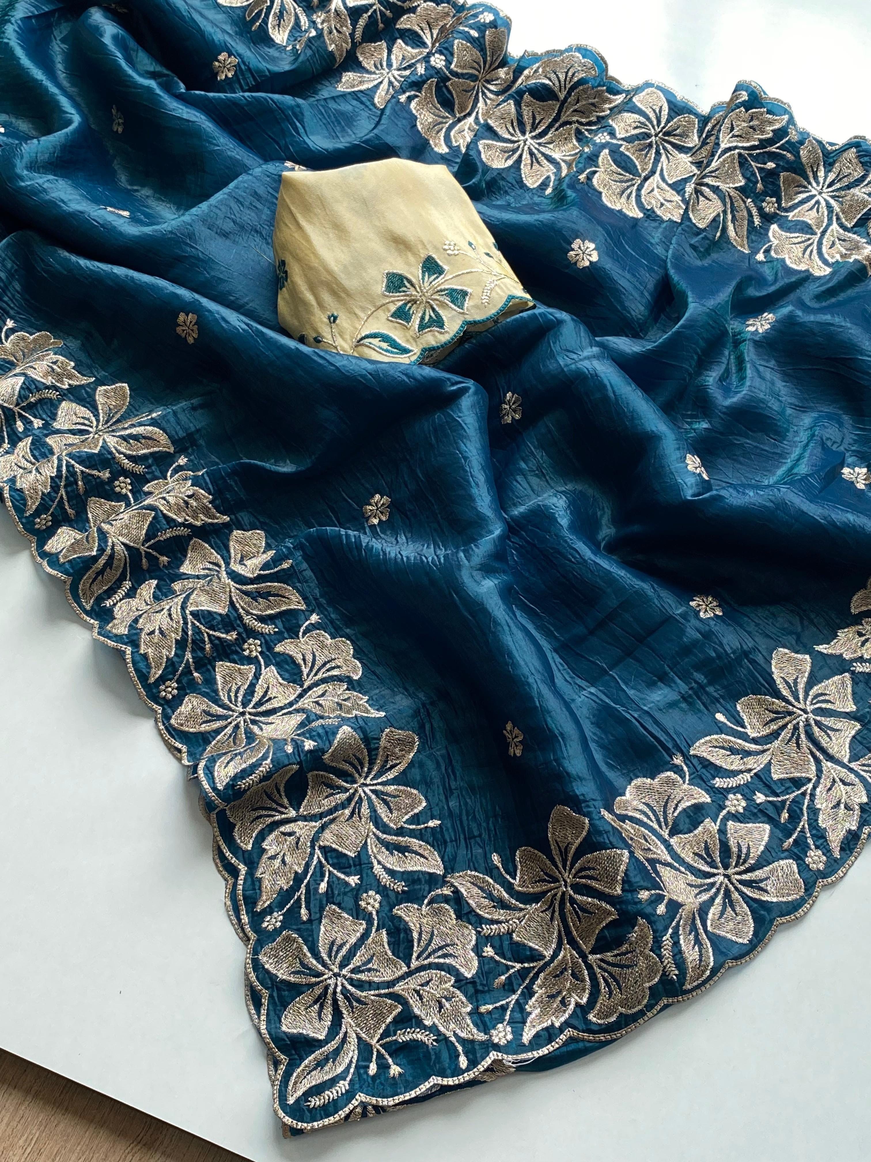 Traditional Wear Flower Border Blue Color Saree