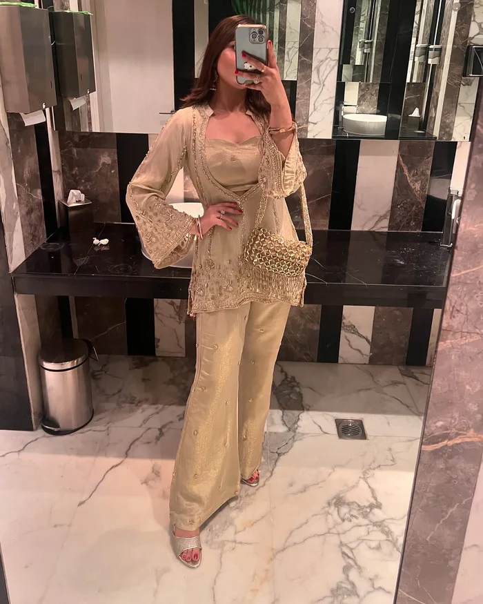 Elegant Champagne Gold Chinon Silk Co-Ord Set for Festive