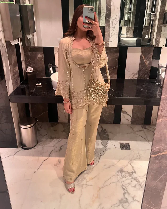 Elegant Champagne Gold Chinon Silk Co-Ord Set for Festive