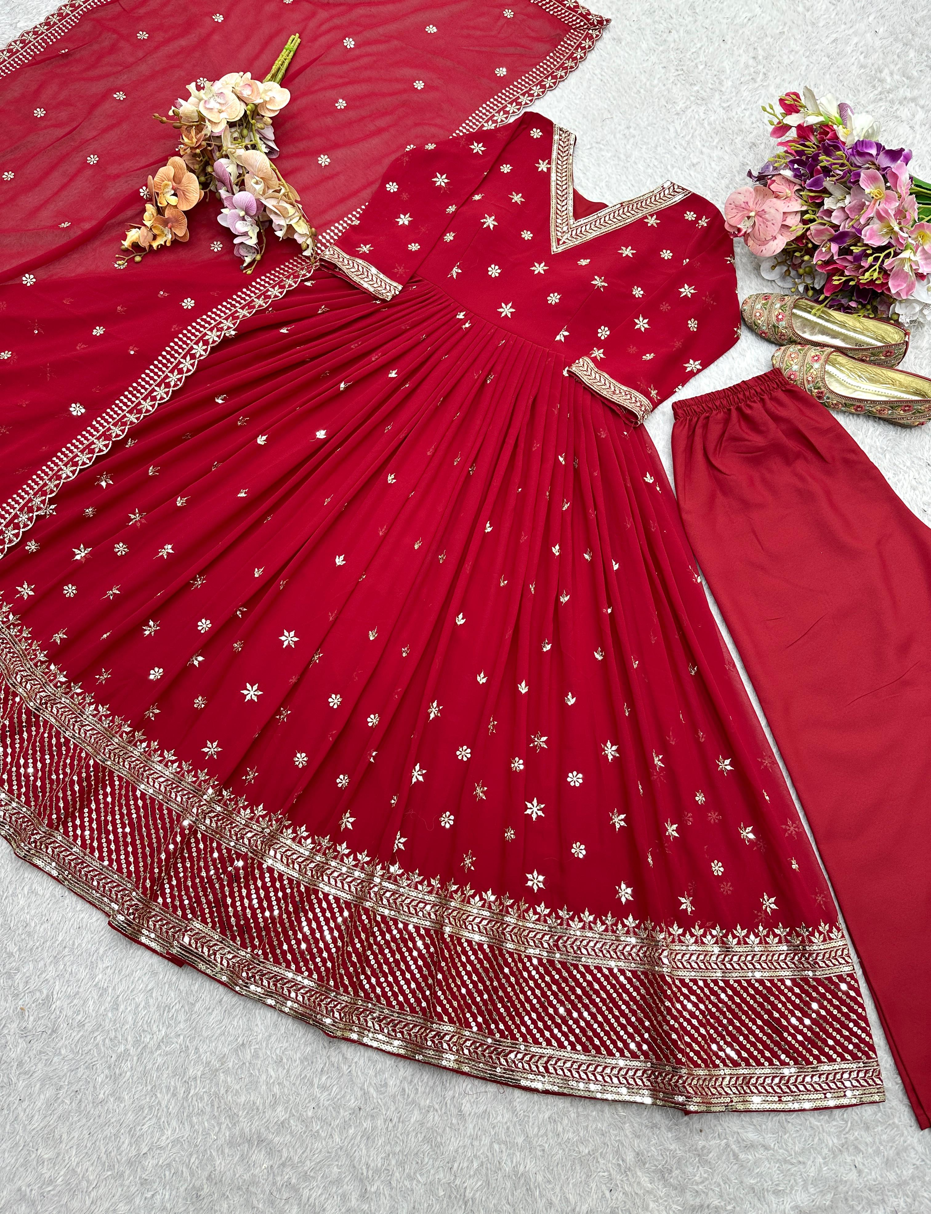 Red Color Georgette Sequence Work Designer Gown