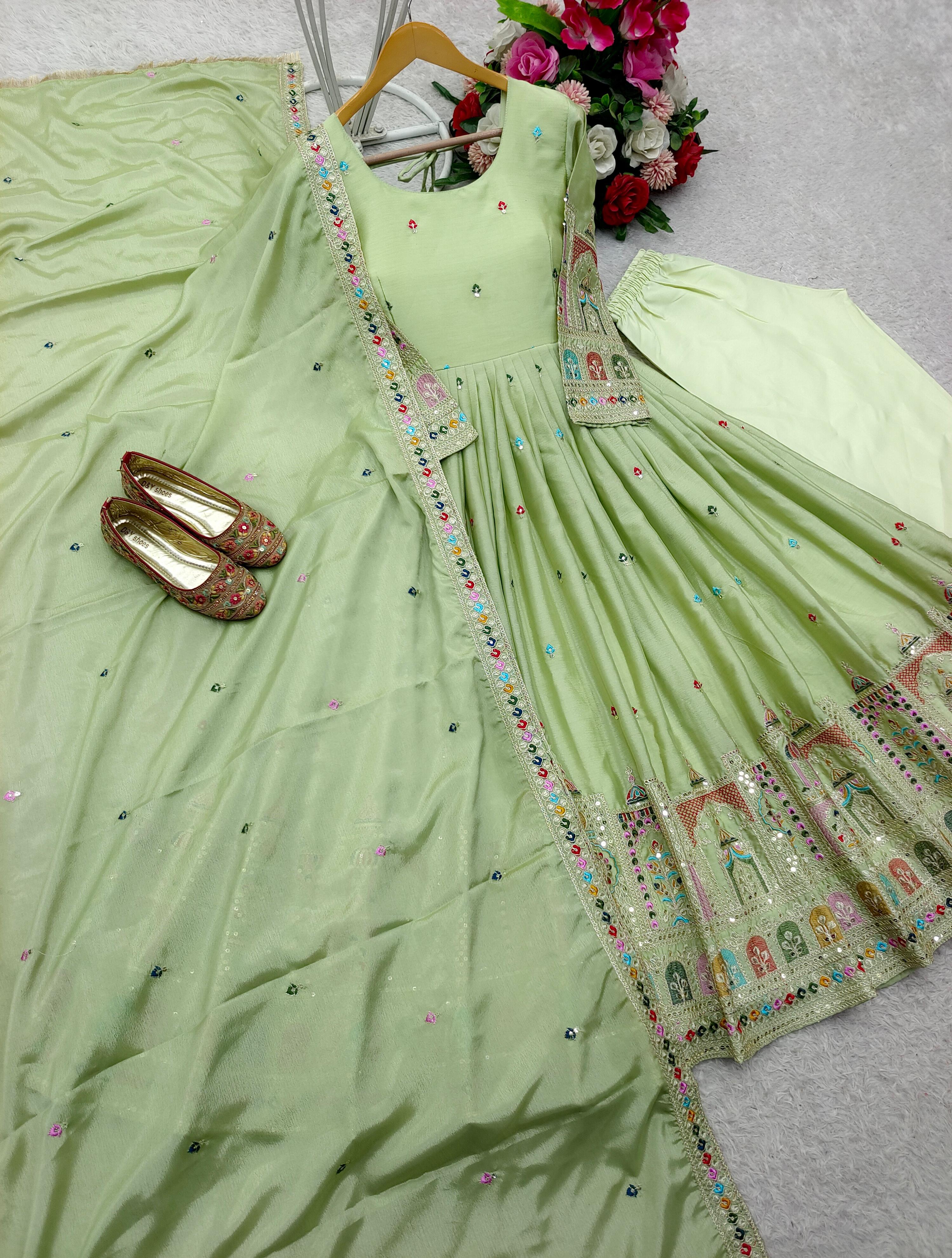Beautiful Embroidery Work Pista Color Anarkali Gown