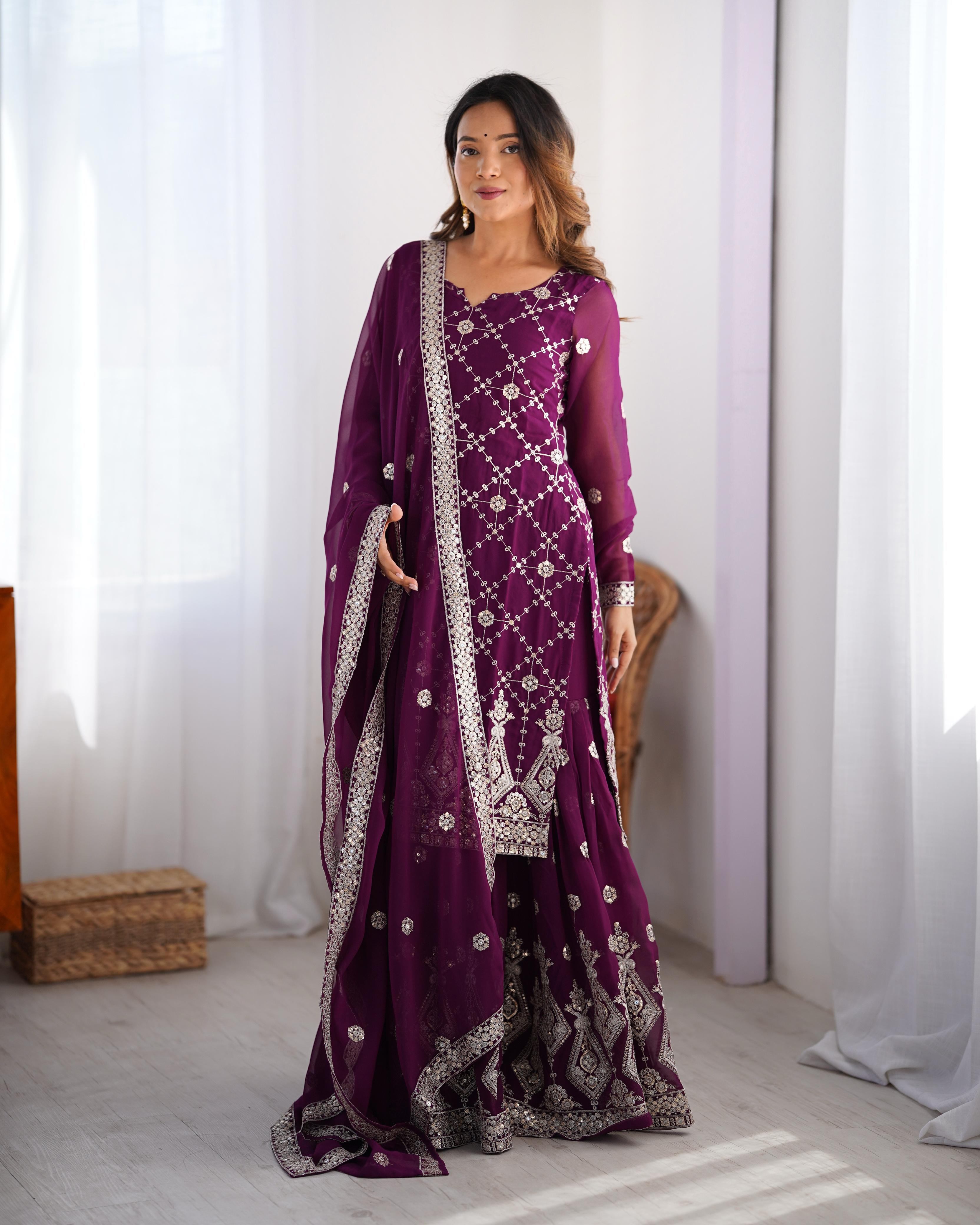 Adorable Georgette Thred Work Wine Color Sharara Suit