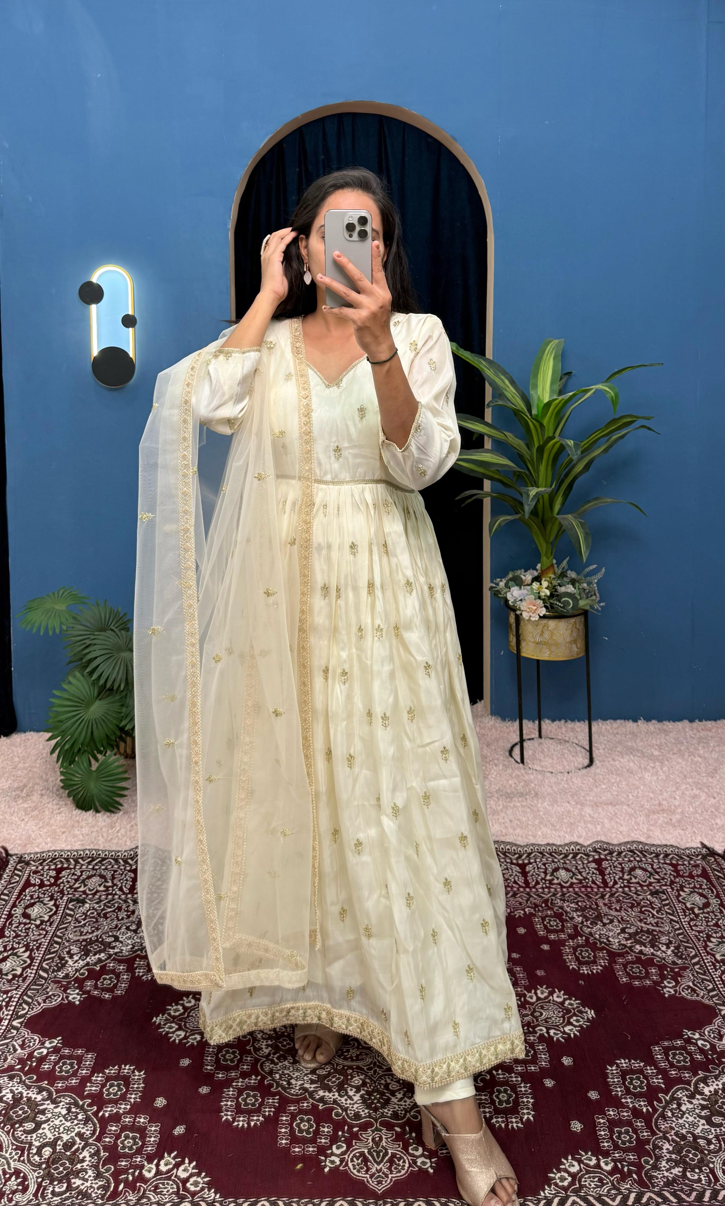 Adorable Embroidery Work Off White Color Gown