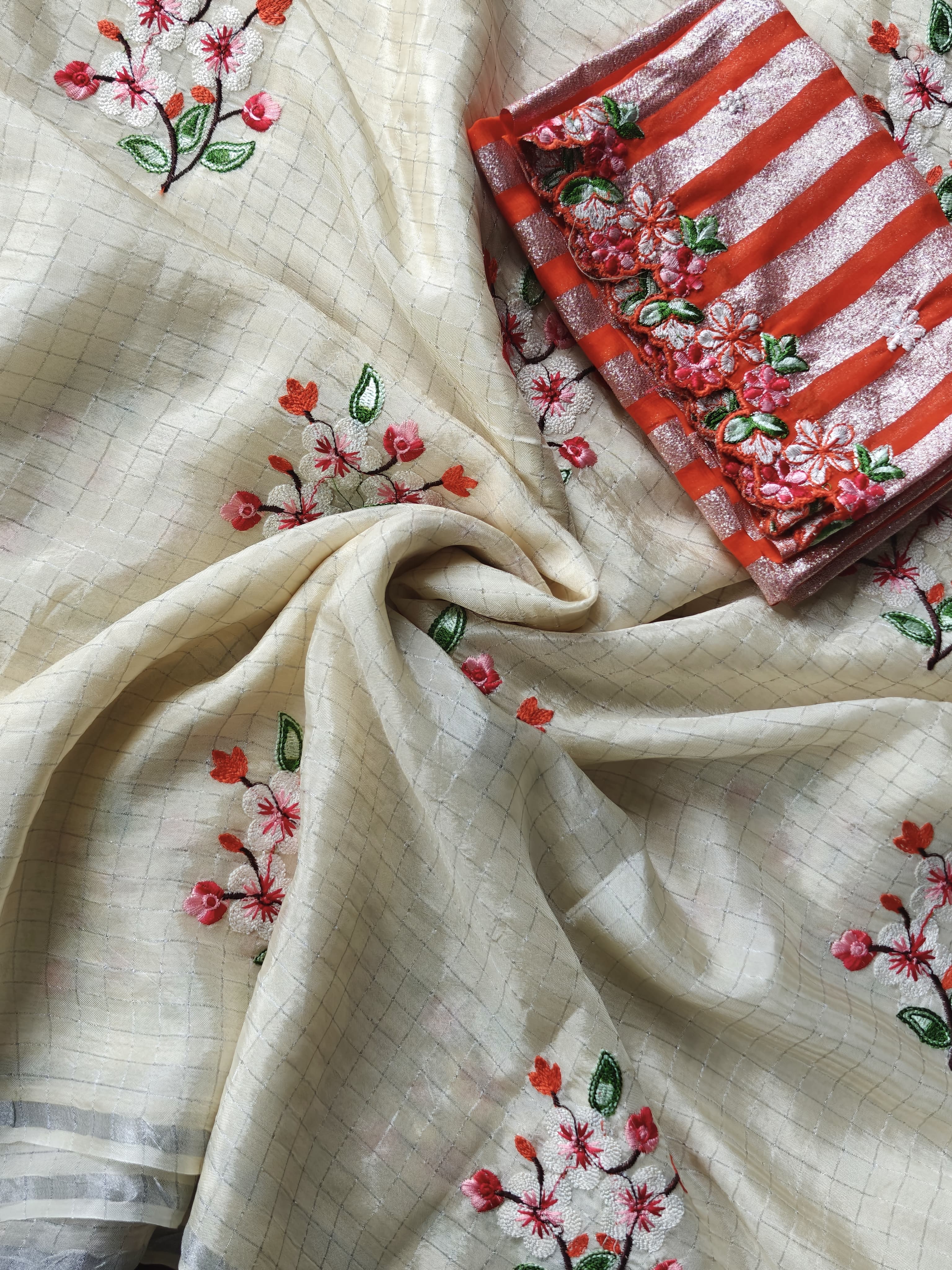 Thread Embroidery Work Off White Color Silk Saree