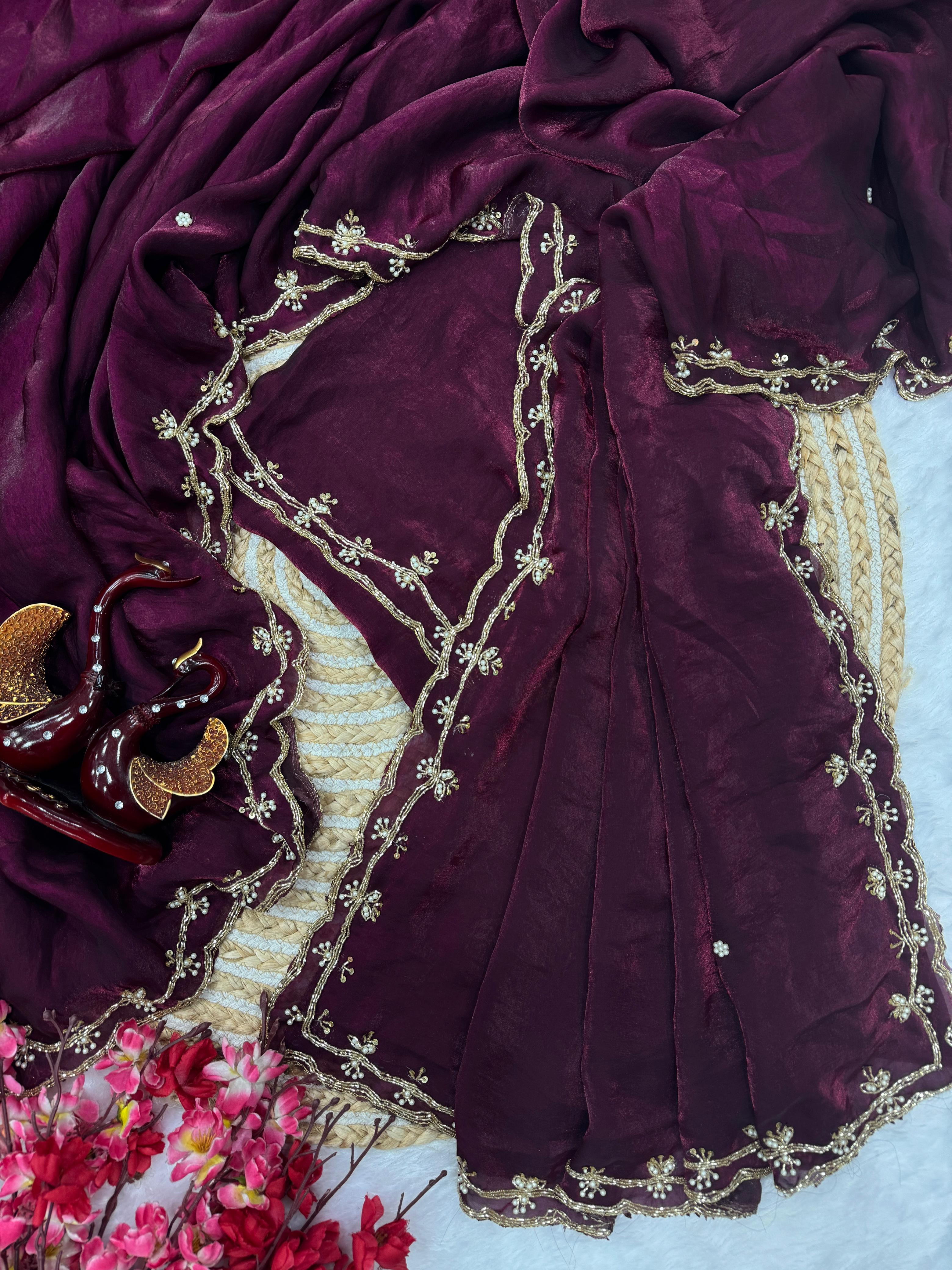 Wine Color Pearls Work Designer Silk Saree
