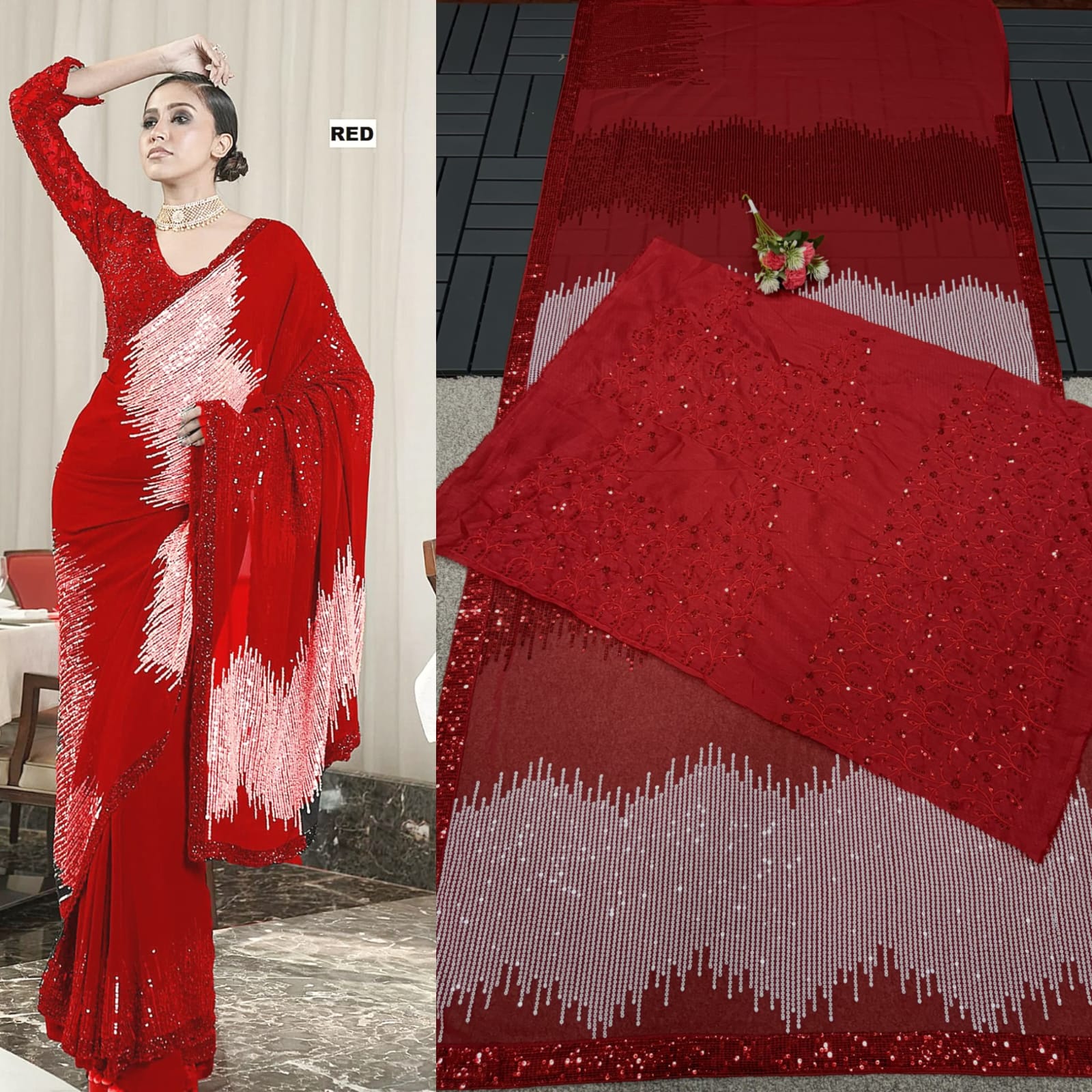 Adorable Georgette Red Color Saree