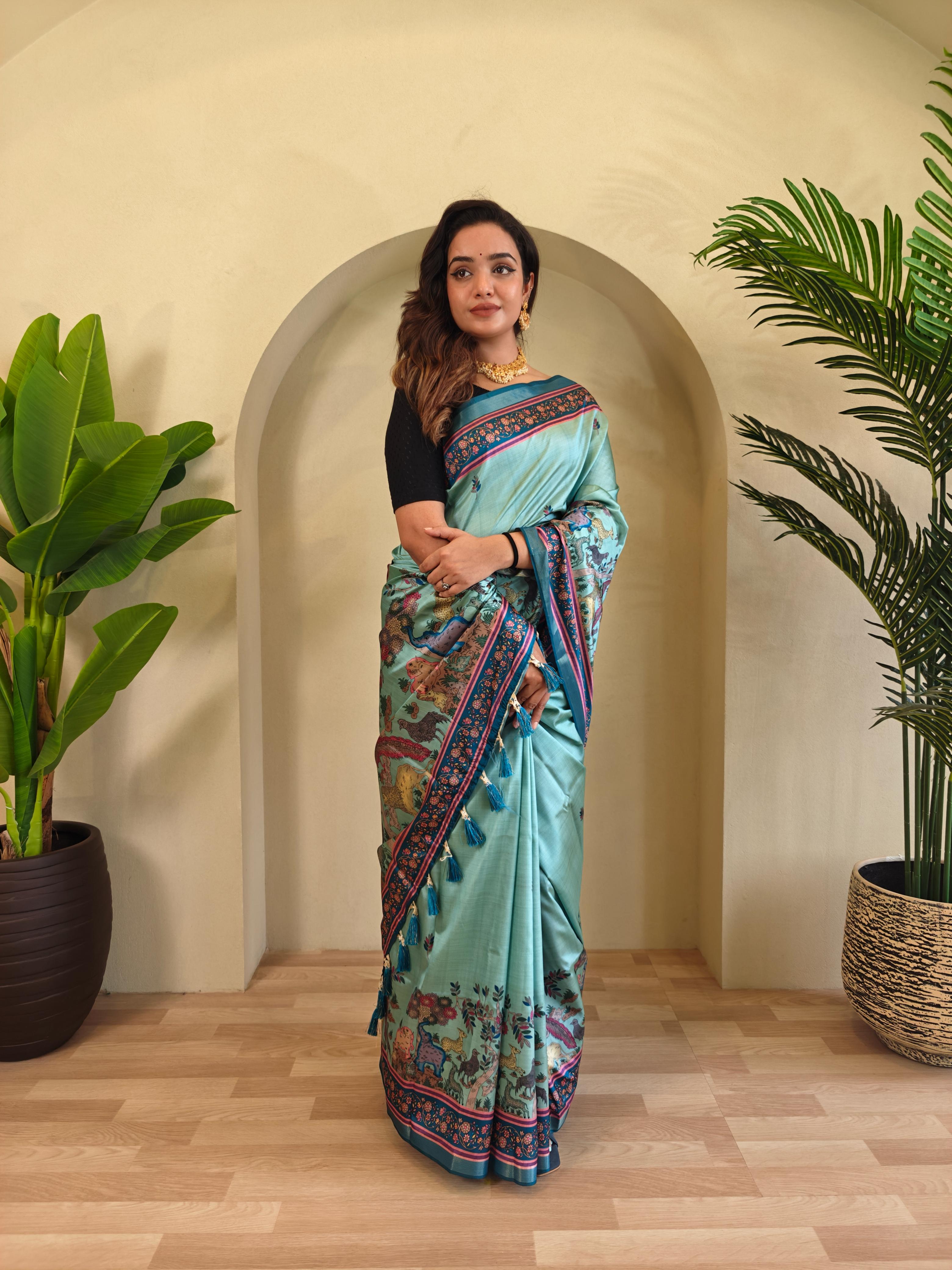Teal Blue Color Beautiful kalamkari Digital Print Saree