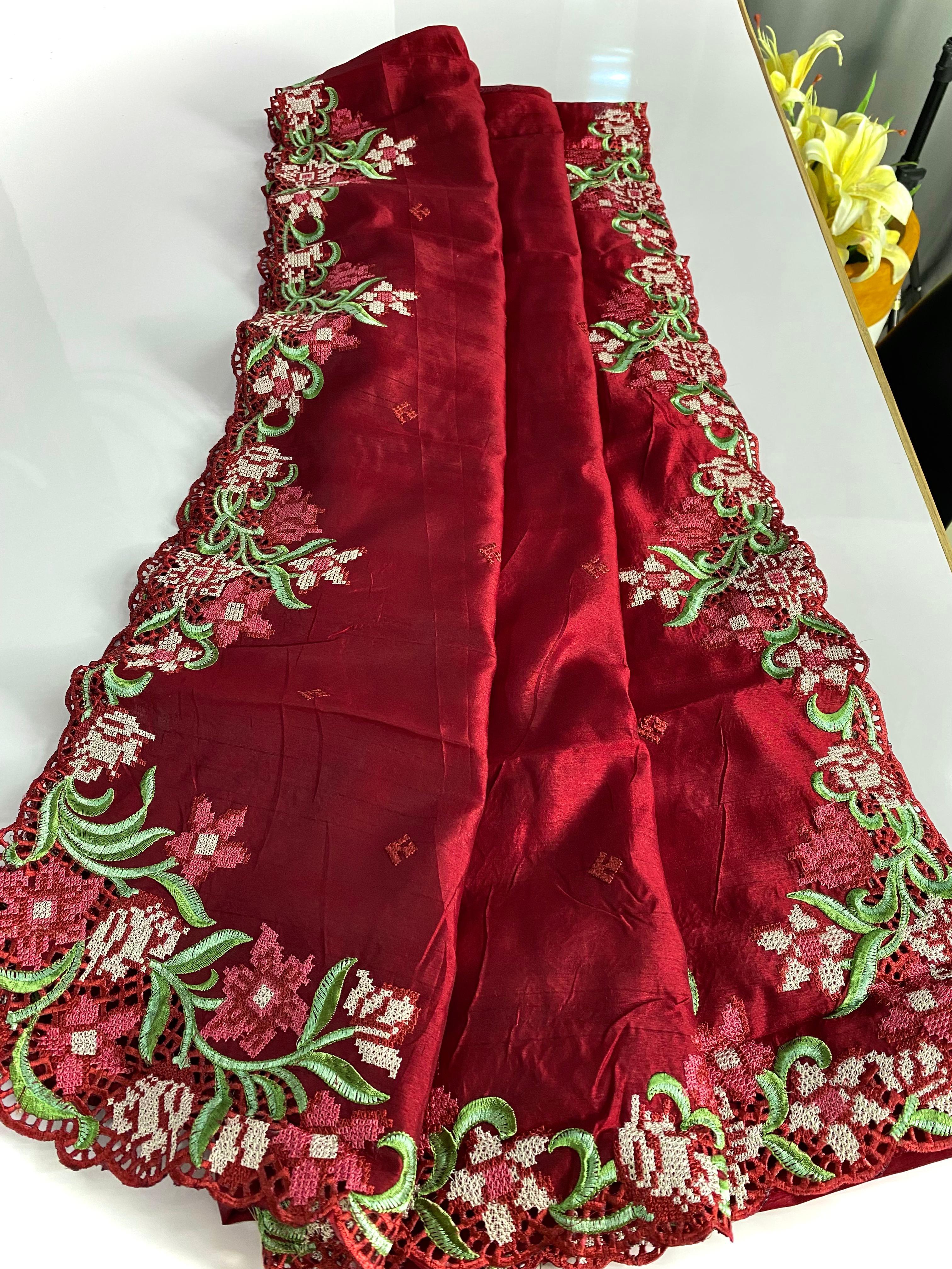 Wedding Wear Tussar Silk Red Color Saree