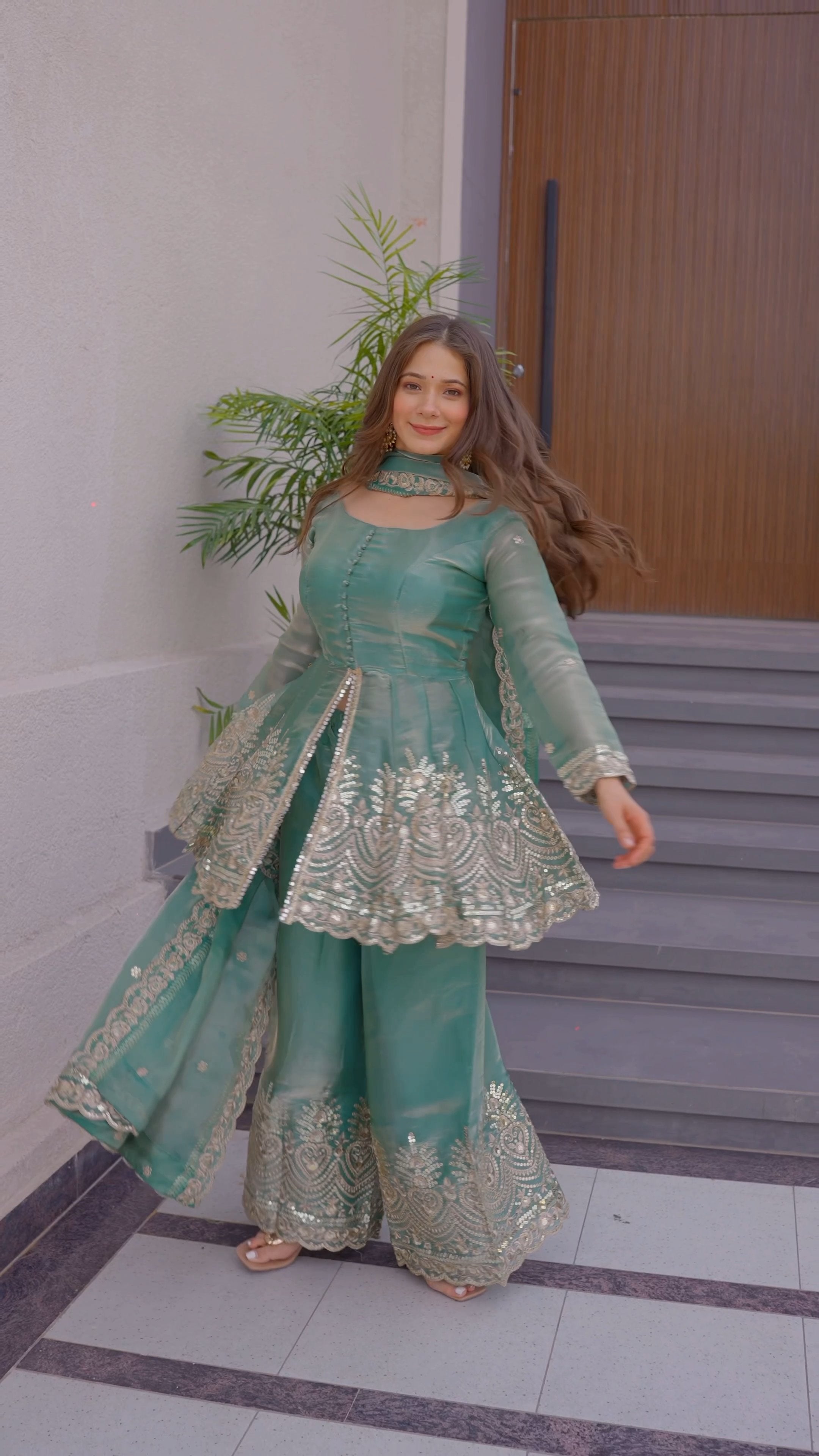 Designer Two-Tone Fandy Silk Top Palazzo Set with Embroidery & Dupatta