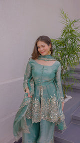 Designer Two-Tone Fandy Silk Top Palazzo Set with Embroidery & Dupatta