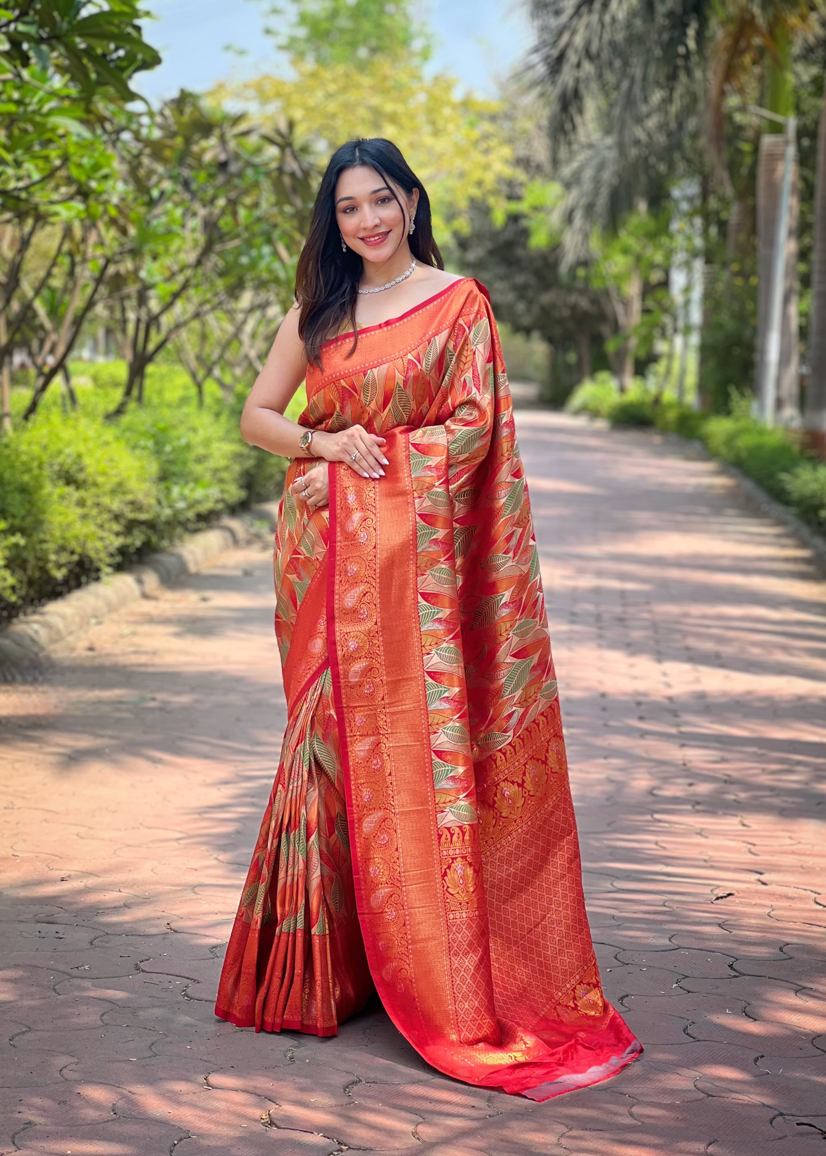 Wedding Wear Orange Beautiful Border Design Saree