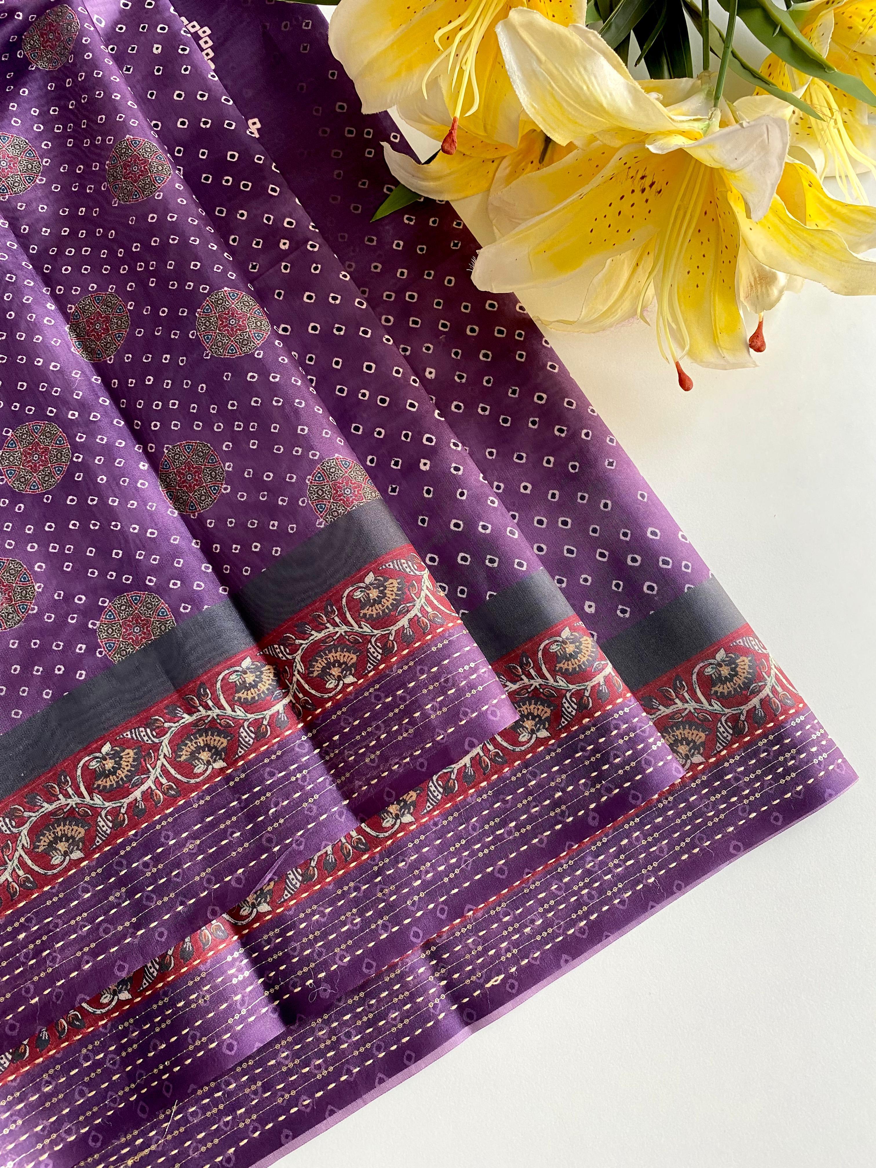 Delightful Bandhani Print With Work Purple Color Saree