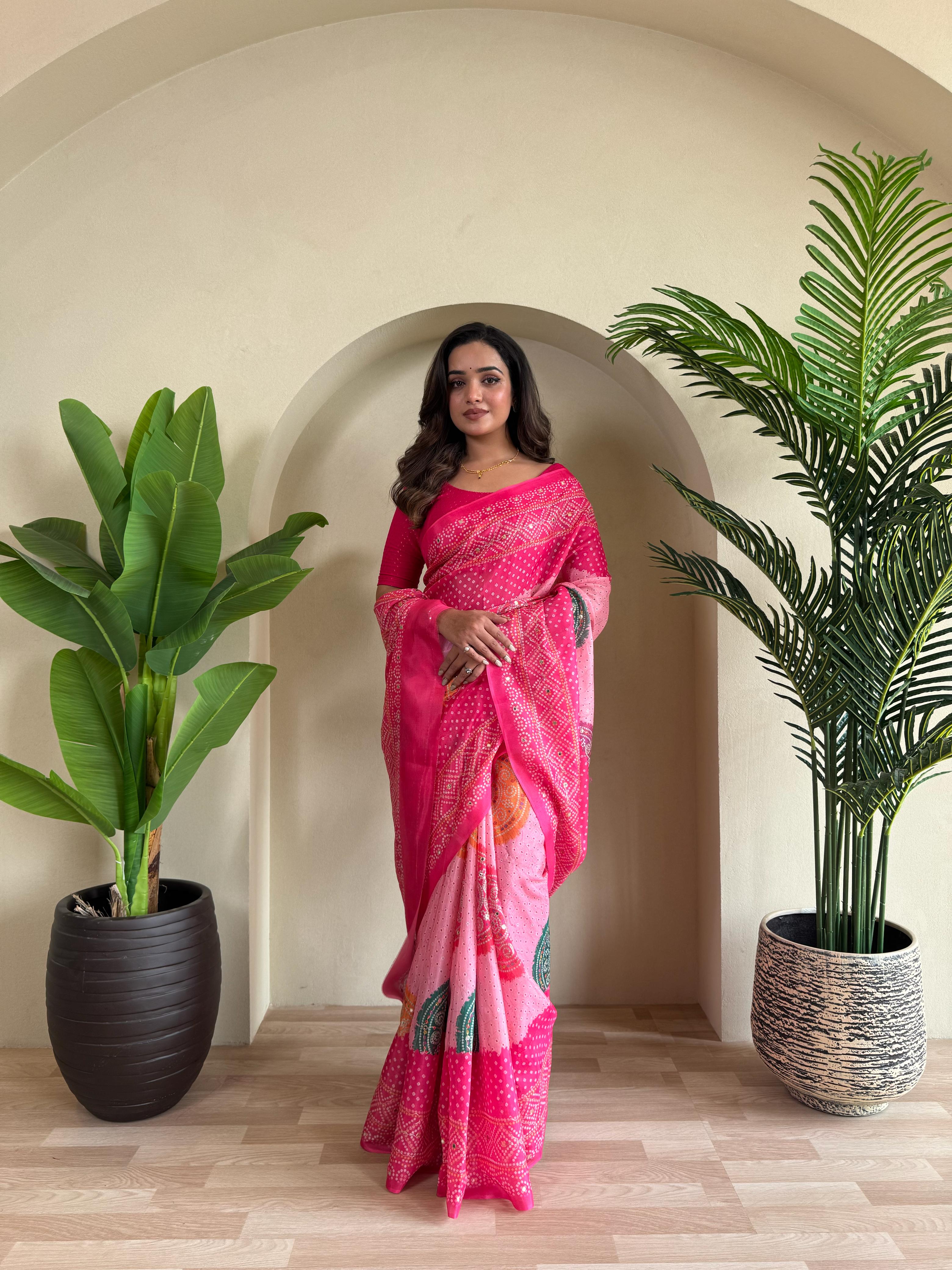 Multi Design Bandhani Print Pink Color Exclusive Saree