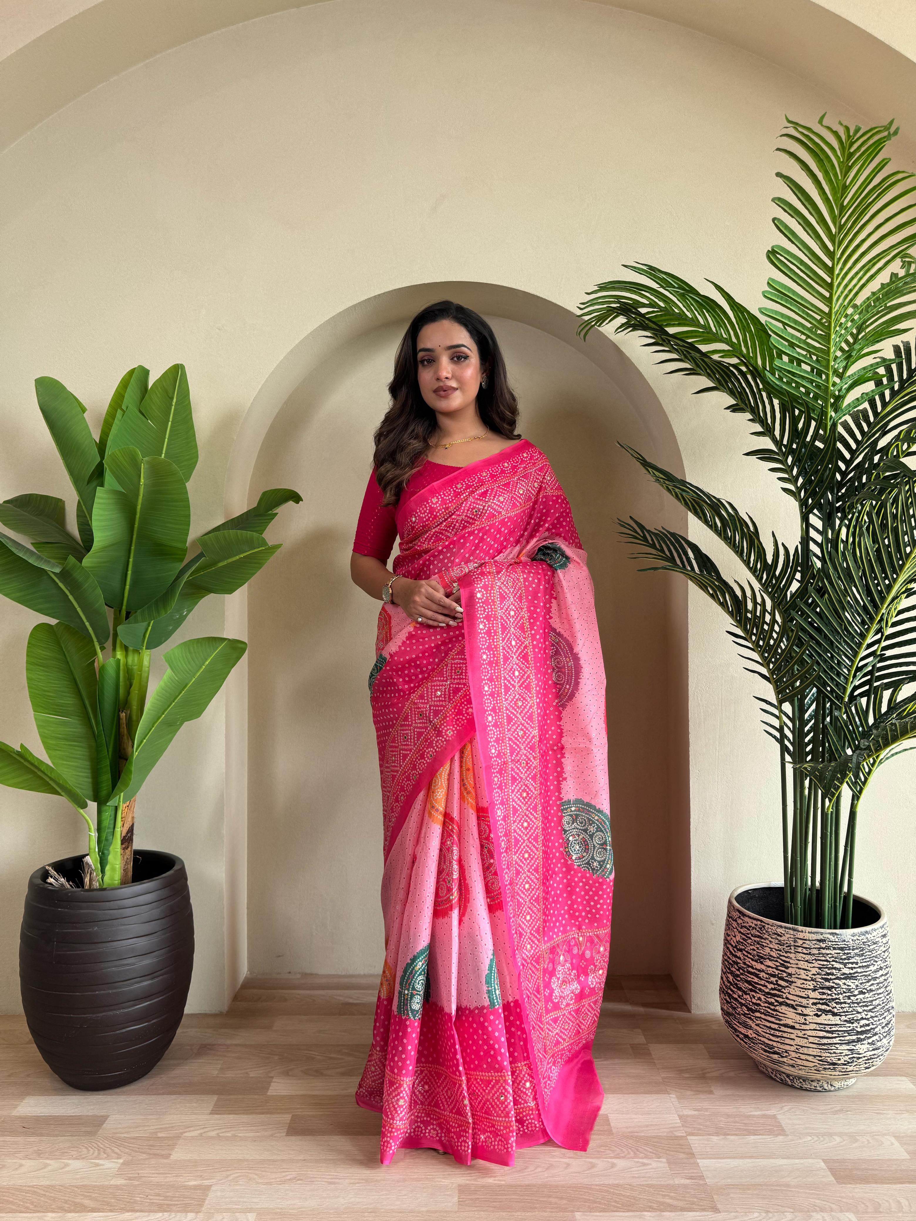 Multi Design Bandhani Print Pink Color Exclusive Saree