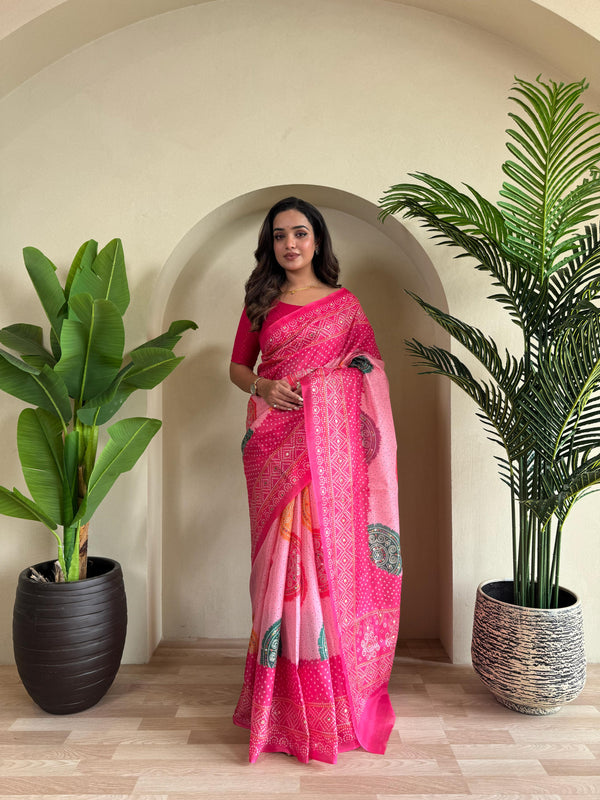 Multi Design Bandhani Print Pink Color Exclusive Saree