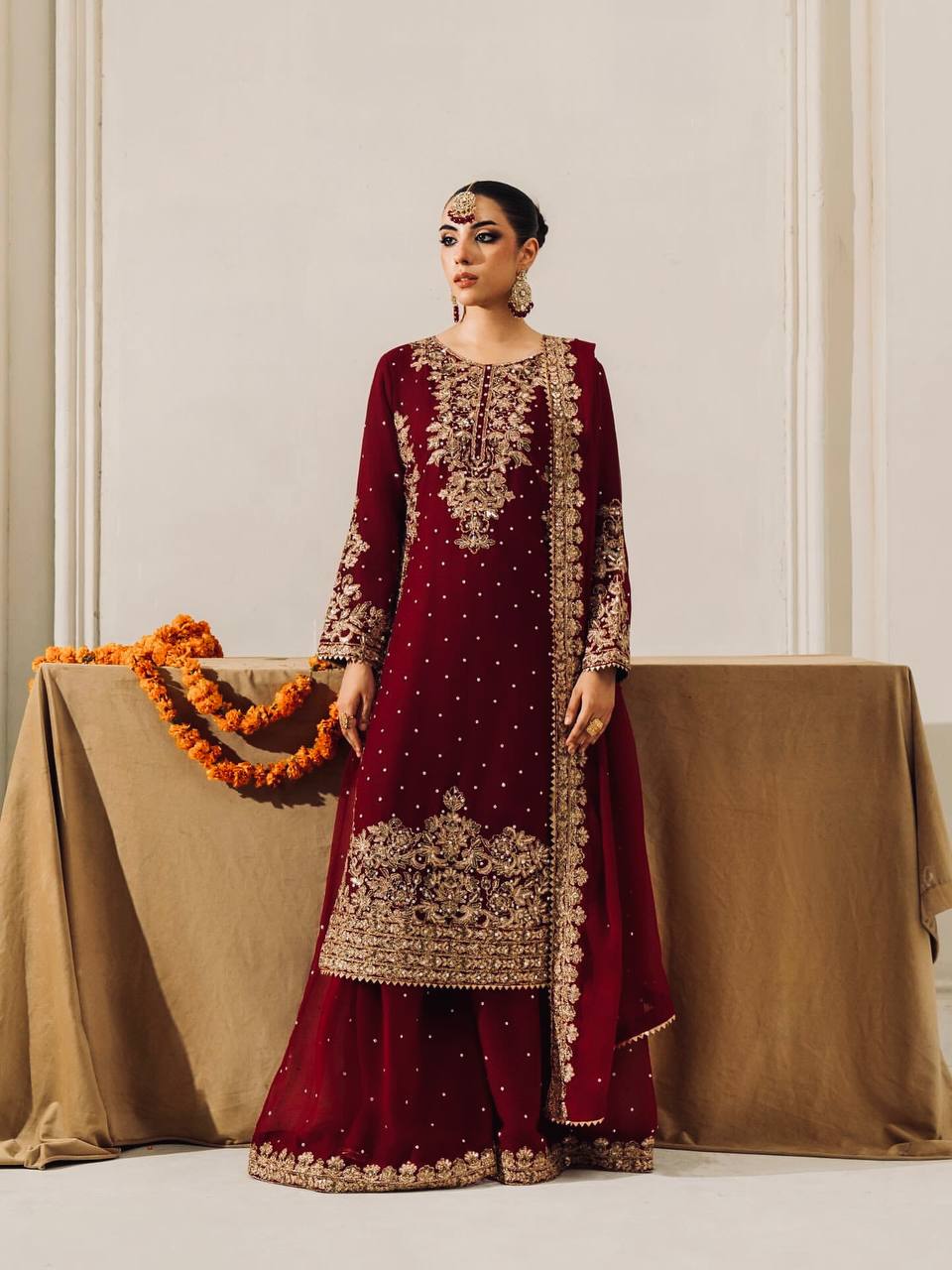 Elegant Velvet Embroidered Sequence Work Three-Piece Designer Set