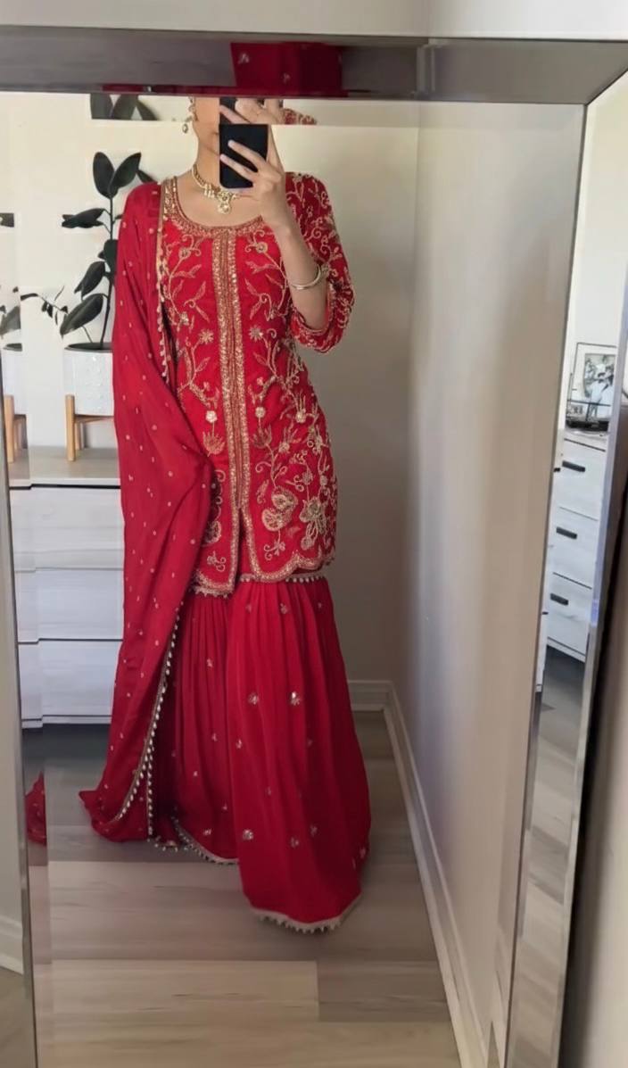 Heavy Faux Georgette Embroidered Top–Sharara Set with Dupatta