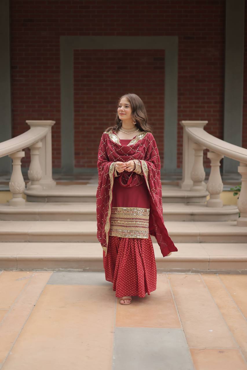 Amazing Maroon Color Embroidery Work Sharara Suit