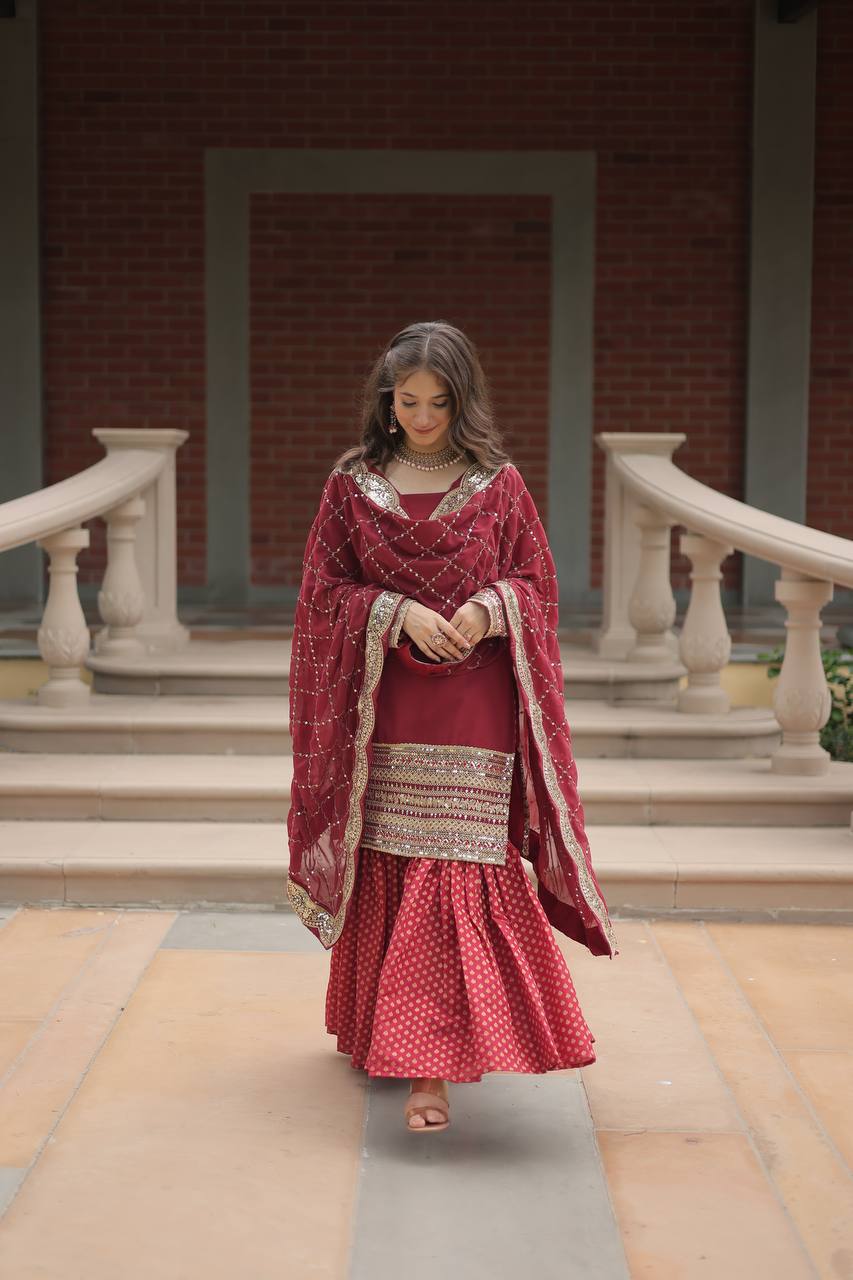 Amazing Maroon Color Embroidery Work Sharara Suit