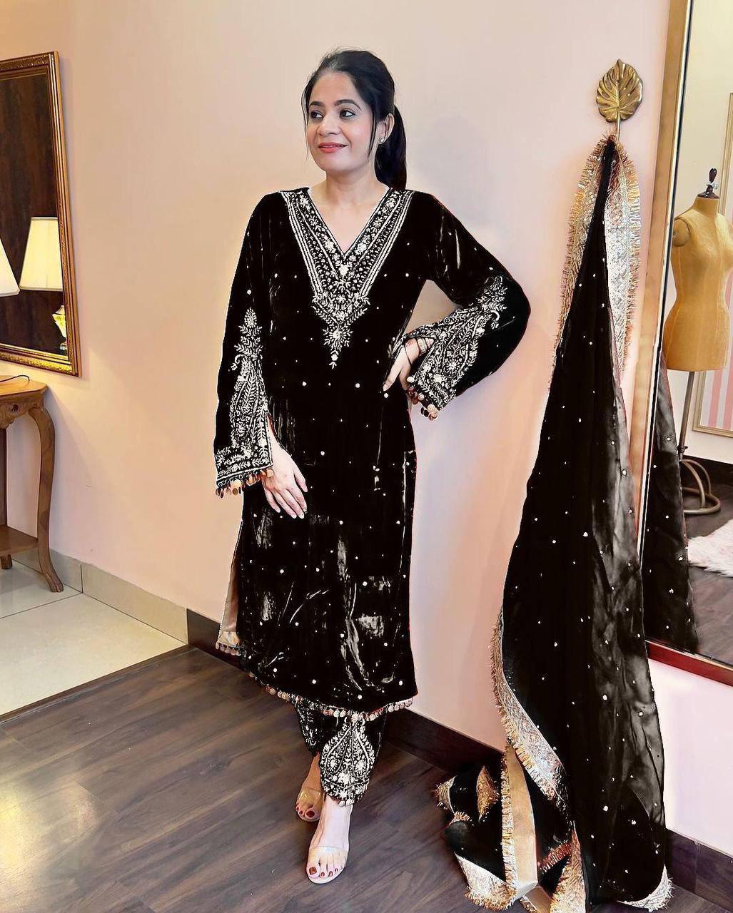 Fabulous Black Color Velvet Sequence Work With Rivet Moti Work Suit