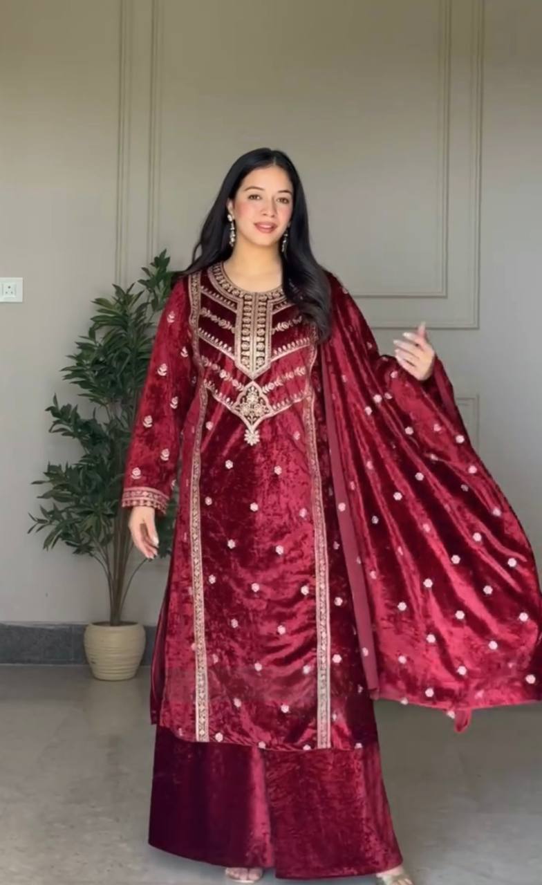 Elegant Embroidery Work Maroon Color Velvet Top With Plazzo & Dupatta