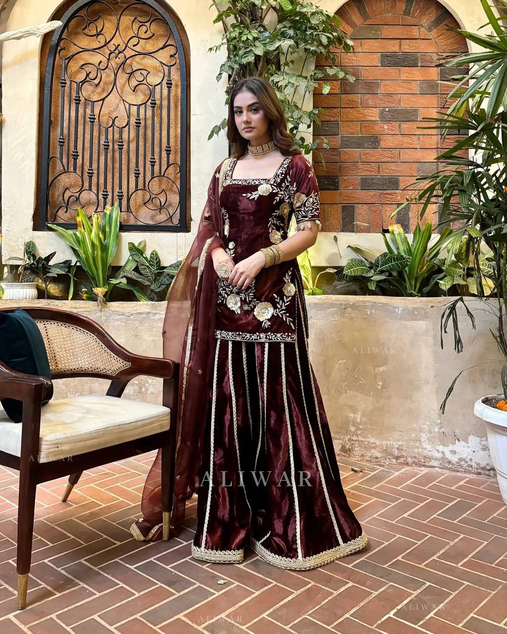 Elegant Velvet Maroon Color Sequence Work Sharara Suit