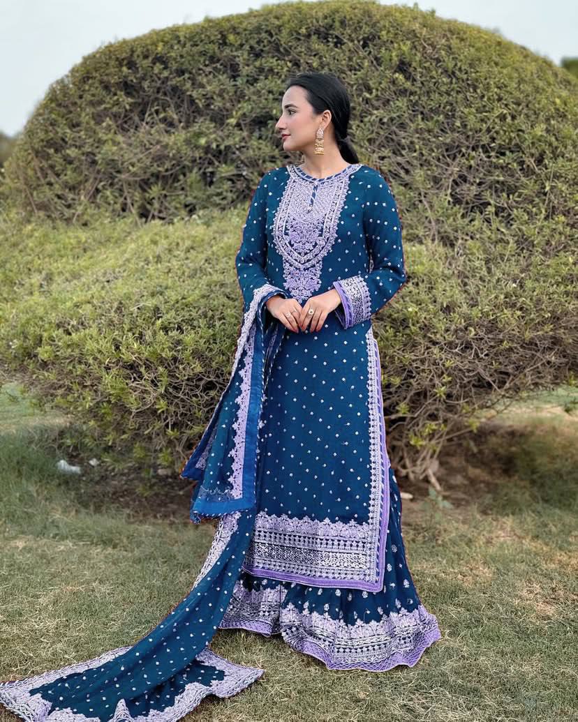 Designer Embroidery WIth Sequence Work Sky Blue Sharara Suit