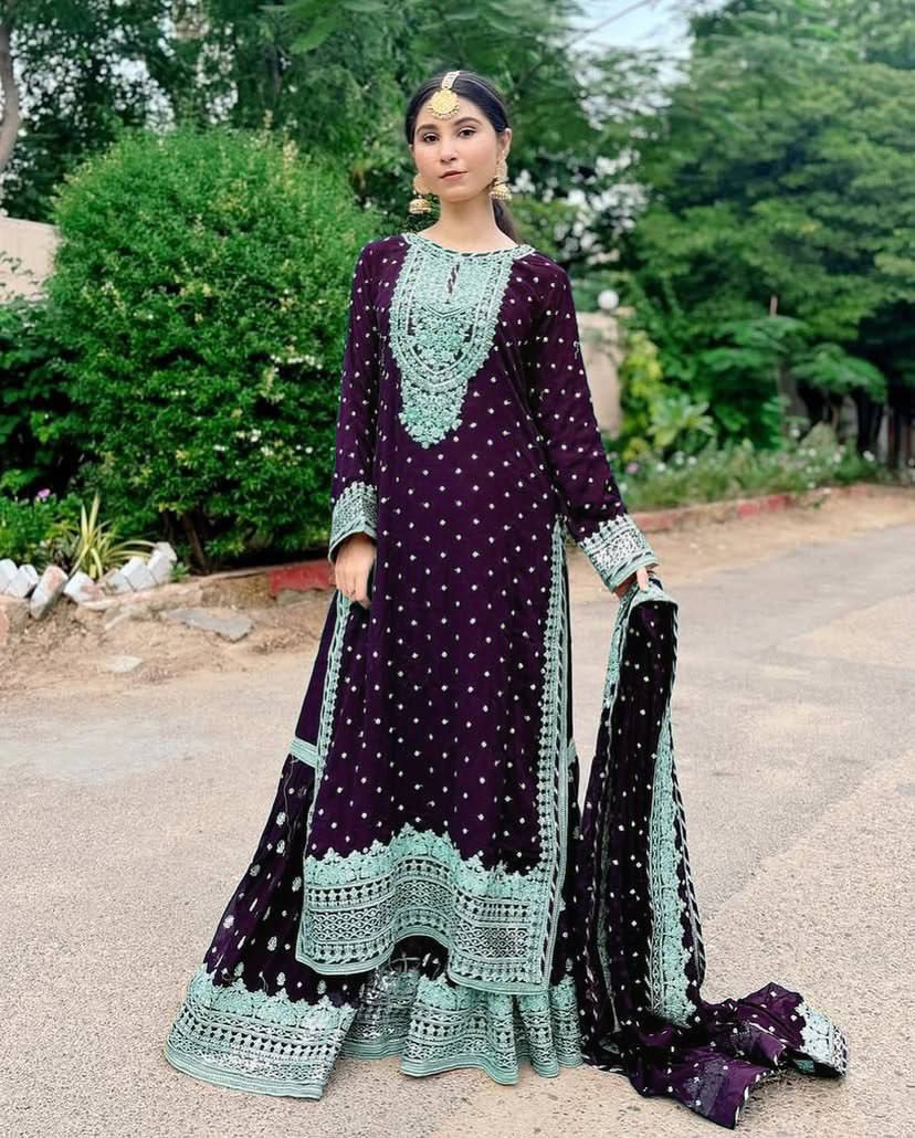 Designer Embroidery WIth Sequence Work Wine Sharara Suit