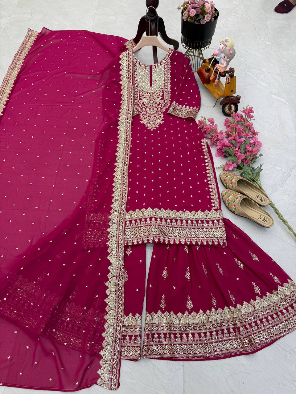 Designer Embroidery WIth Sequence Work Pink Sharara Suit