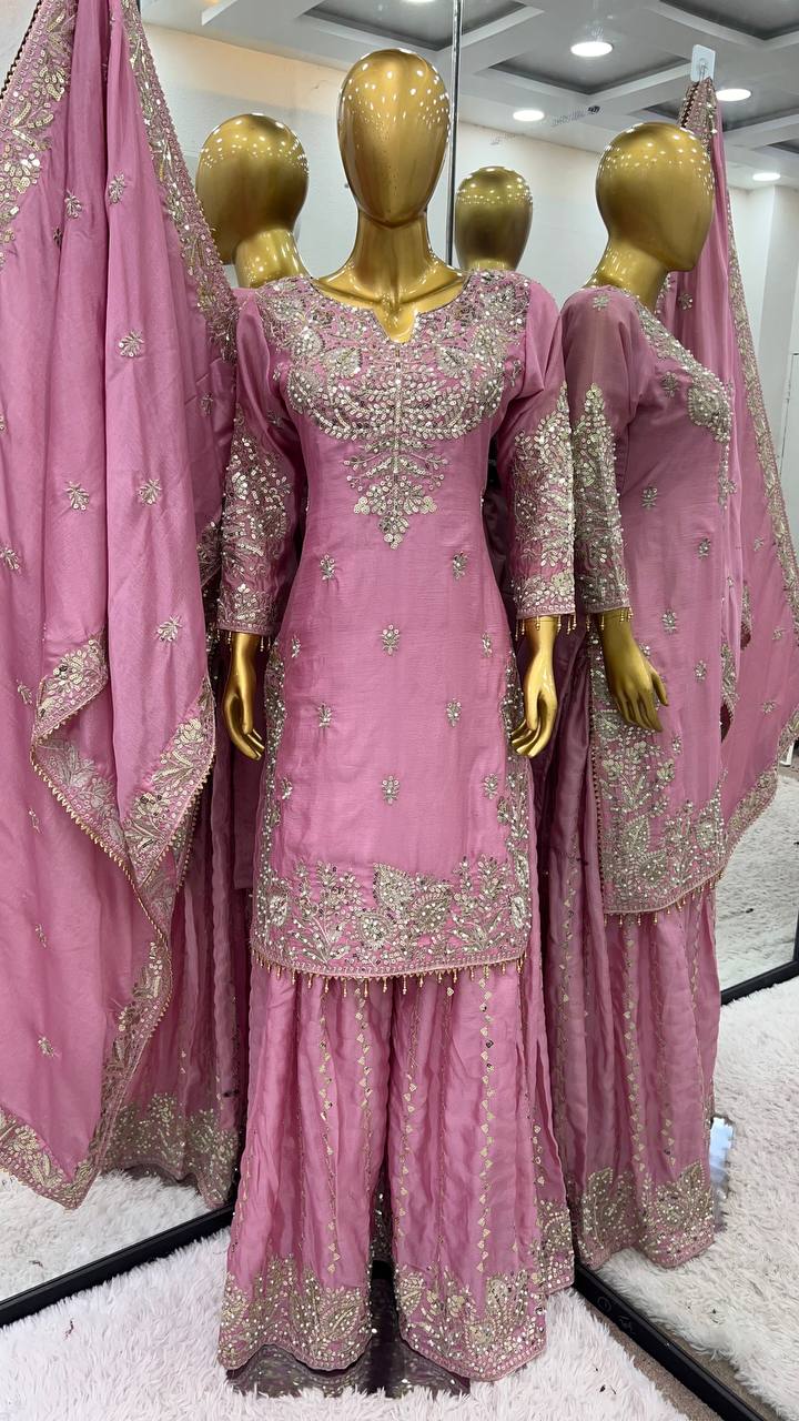 Delightful Pink Color Embroidery Top Gharara With Dupatta Set