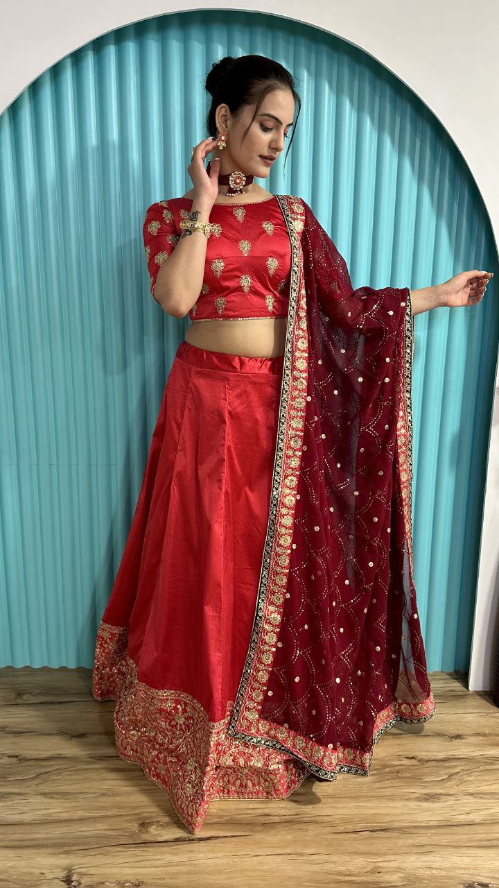 Mesmerizing Red Color Zari And Sequins Work Lehenga Choli