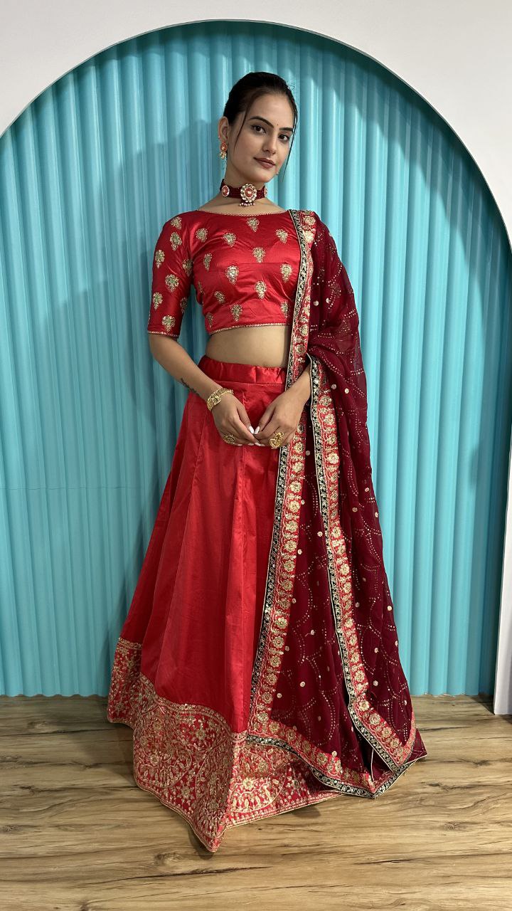 Mesmerizing Red Color Zari And Sequins Work Lehenga Choli