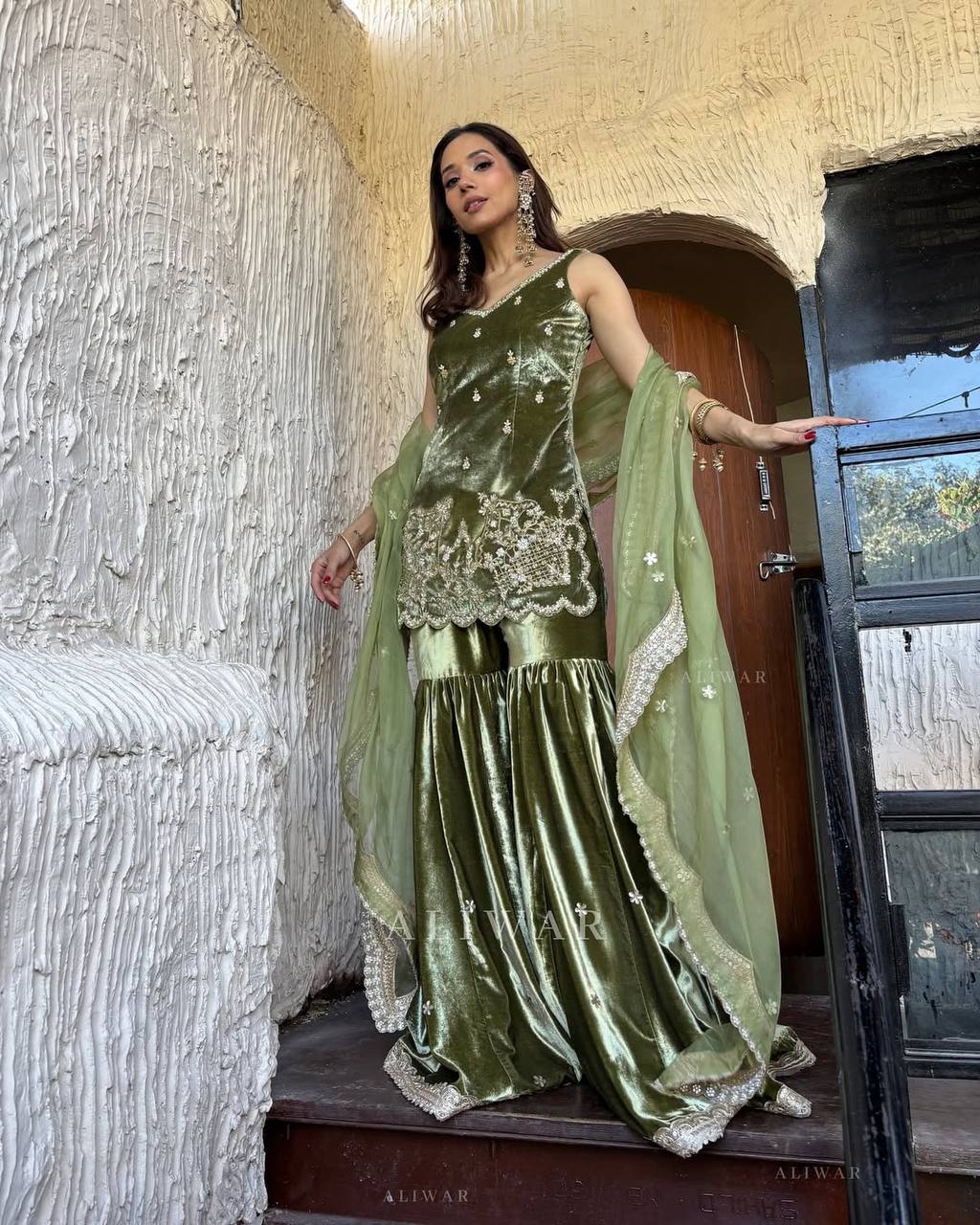 Preferable Sequence Work Green Color Sharara Suit