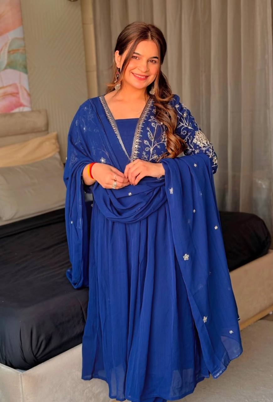 Preferable Embroidery Sequins & Codding Work Blue Color Gown with Dupatta