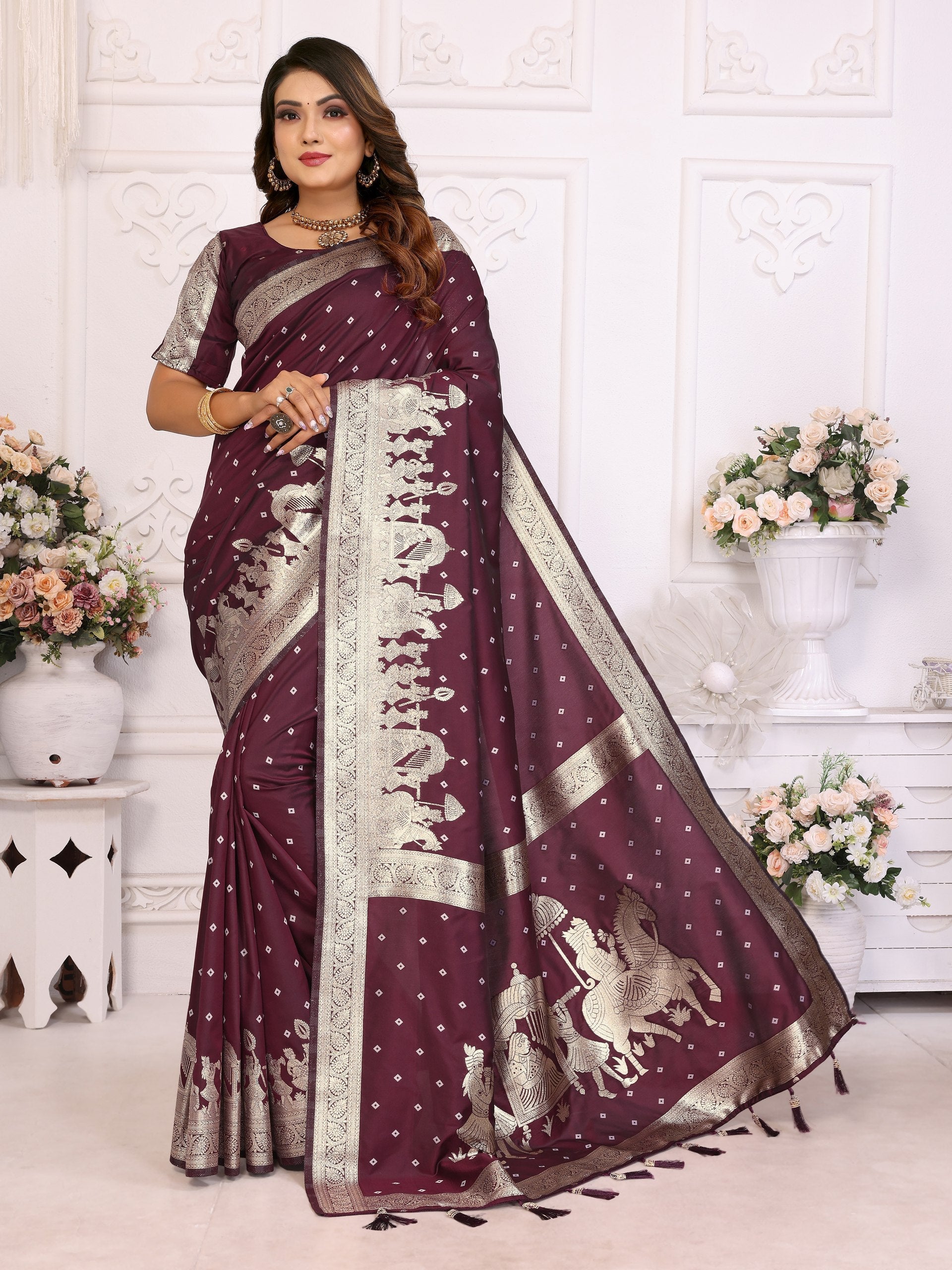 Pattern Wedding & Party Wear Kochi Silk Wine Color Saree