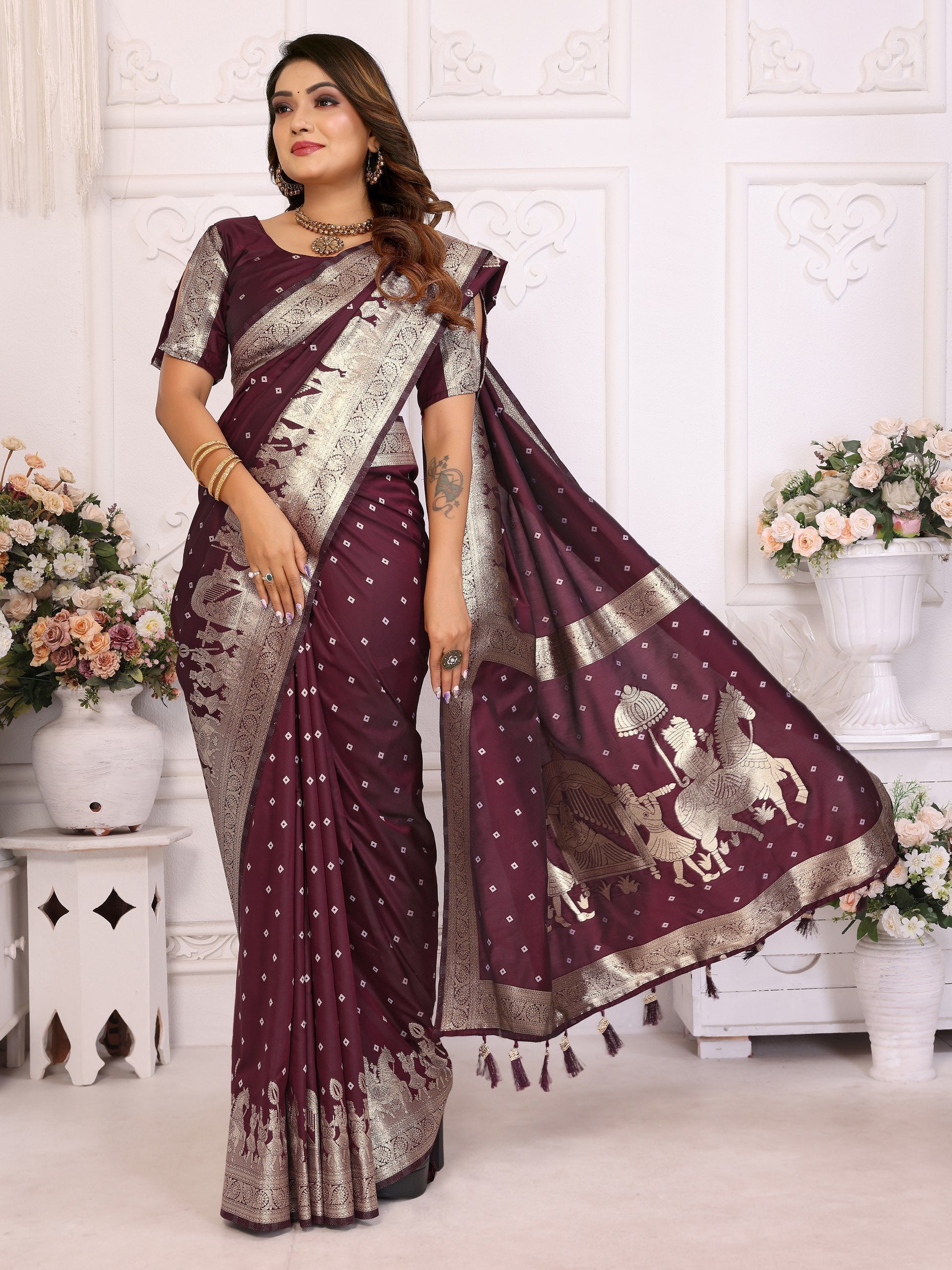 Pattern Wedding & Party Wear Kochi Silk Wine Color Saree