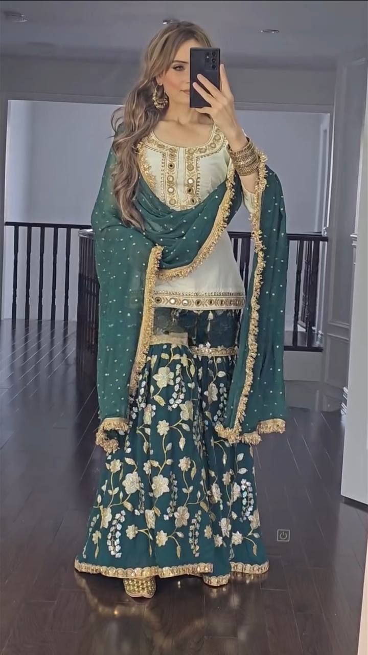 Delightful Embroidery Sequence Work Green Color Sharara Suit
