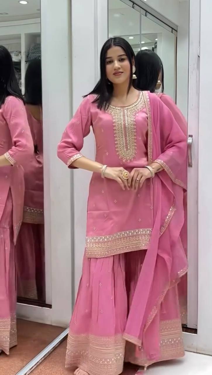 Pattern Wedding & Party Wear  Sequence Work Pink Color Sharara Suit