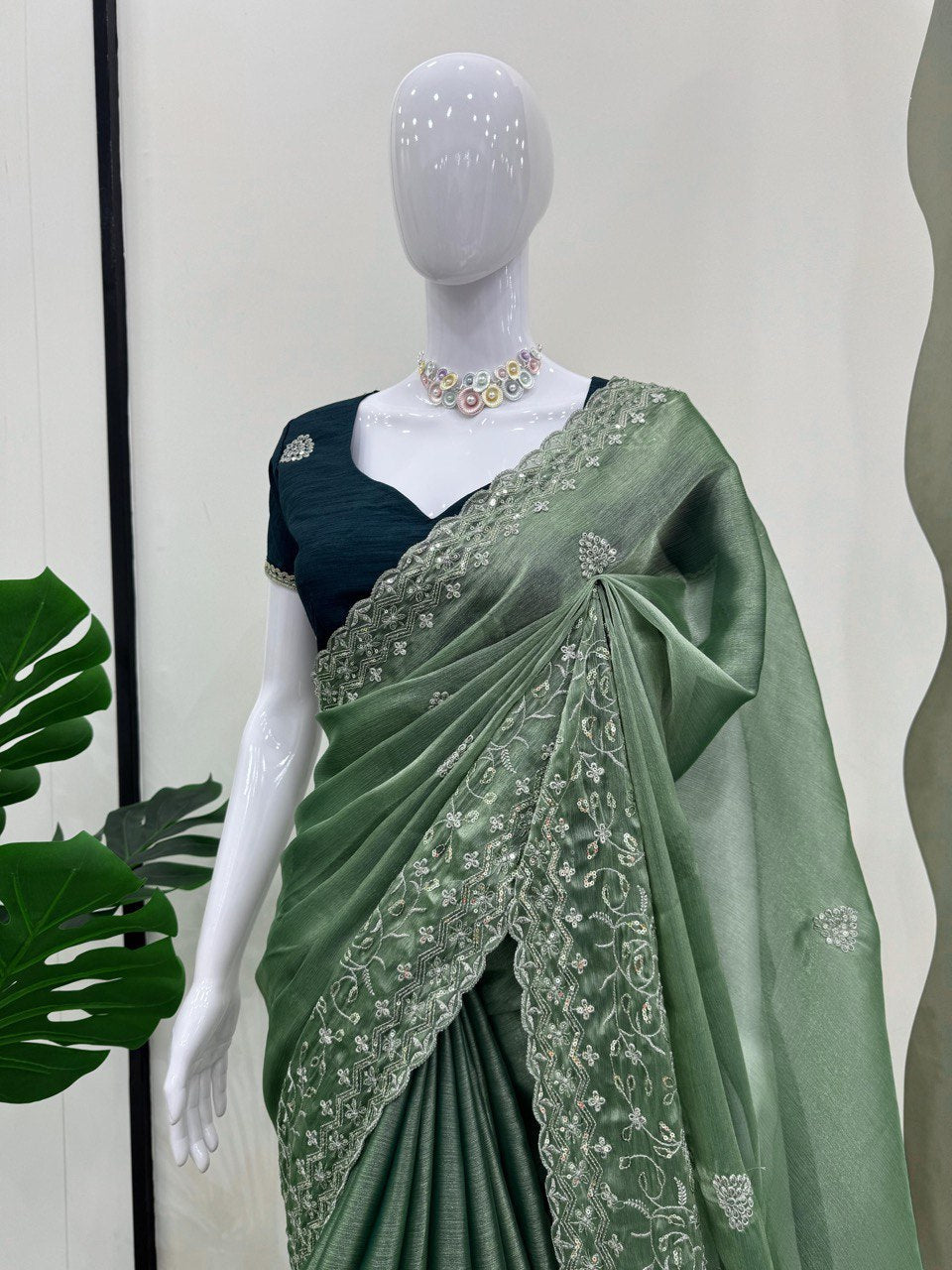 Elegant Burberry Silk Sequnce Work Perrot Green Color Saree