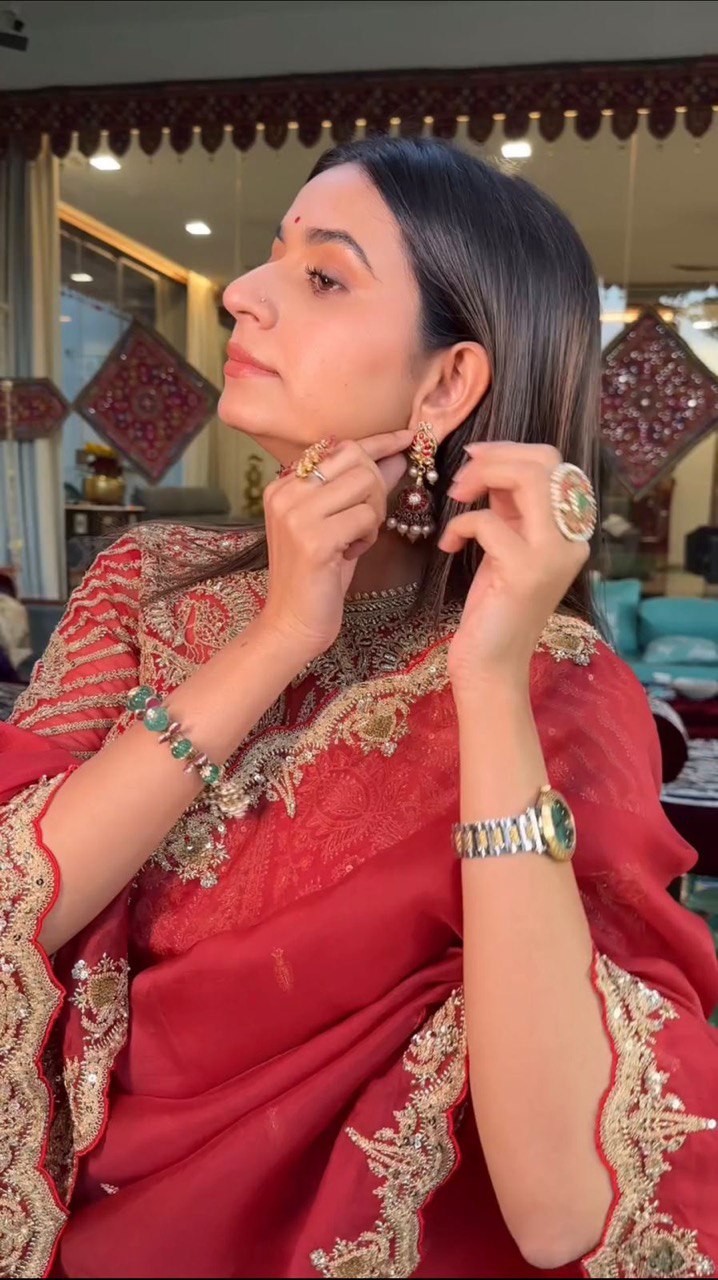 Decent Organza Silk Sequnce Work Red Color Saree