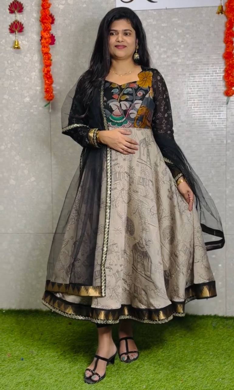 Designer Kalamkari Print Grey Color Anarkali Gown