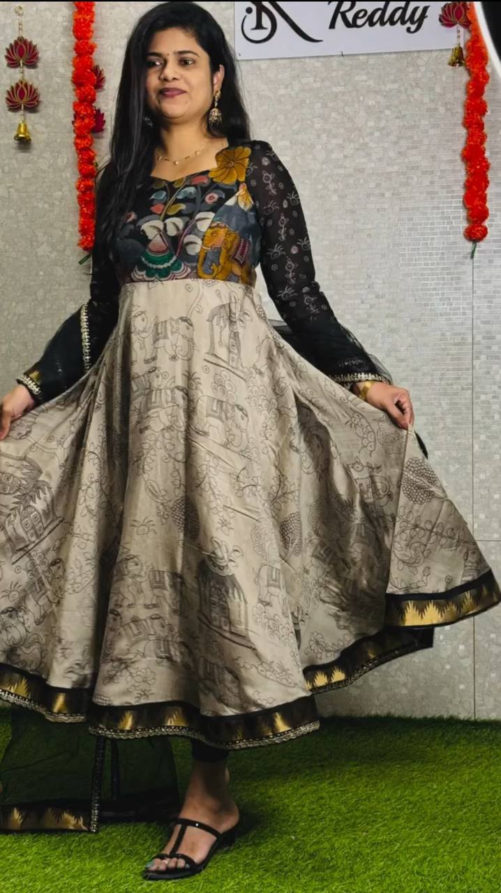Designer Kalamkari Print Grey Color Anarkali Gown