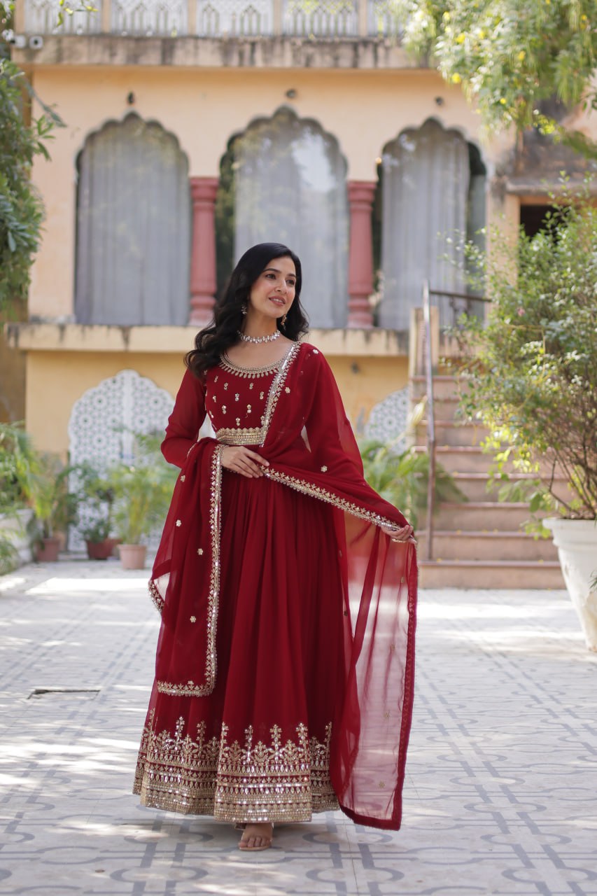 Adorable Embroidery Work Red Color Gown