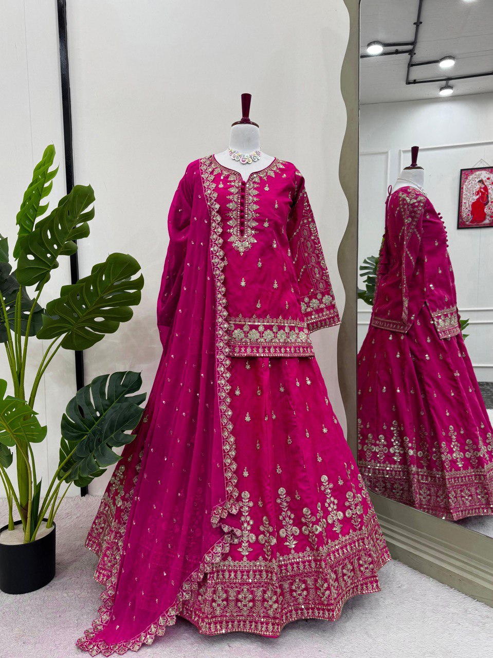 Occasion Wear Simmer Silk Dark Pink Color Top With Lehenga