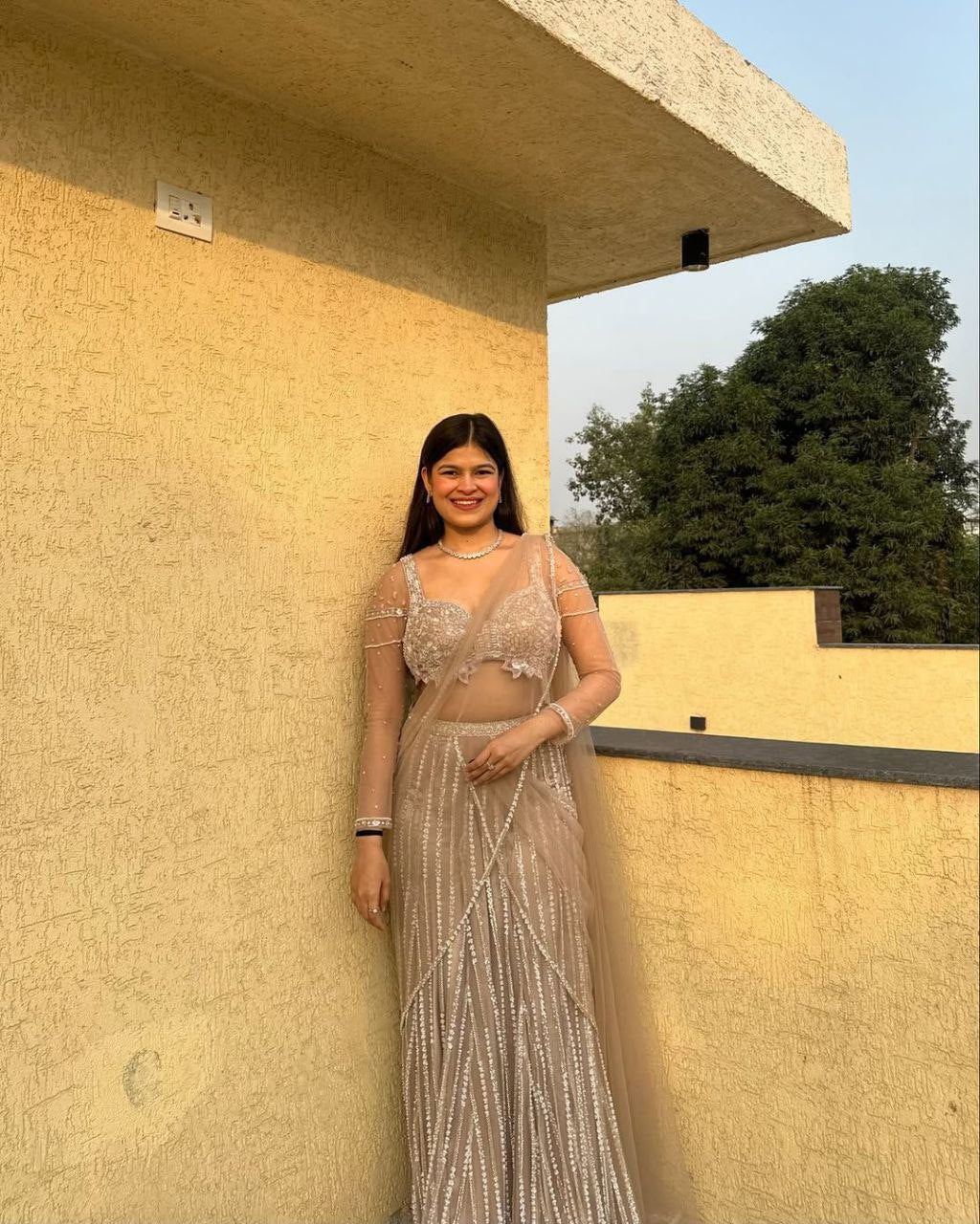 Glimmering Jari Work Silver Color Butterfly Net lehenga choli