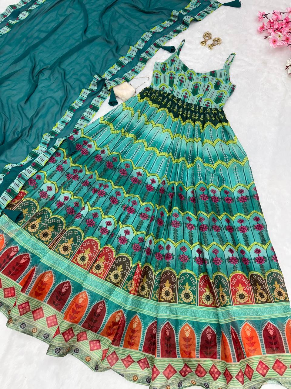 Multi Digital Printed Teal Blue Color Anarkali Gown