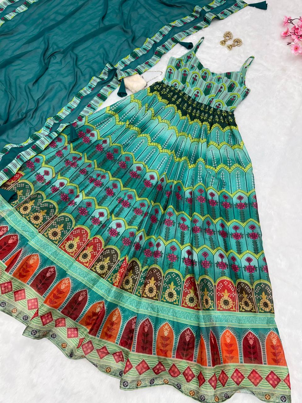 Multi Digital Printed Teal Blue Color Anarkali Gown
