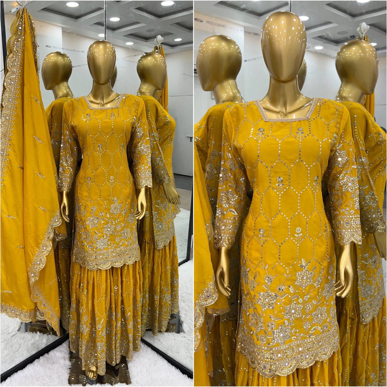 Gorgeous Embroidery Sequence Work Yellow Color Sharara Suit