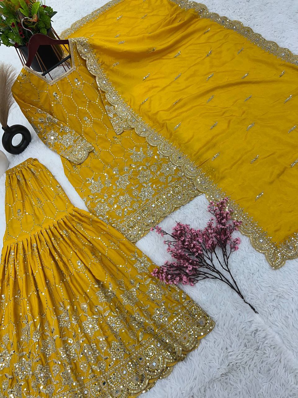 Gorgeous Embroidery Sequence Work Yellow Color Sharara Suit