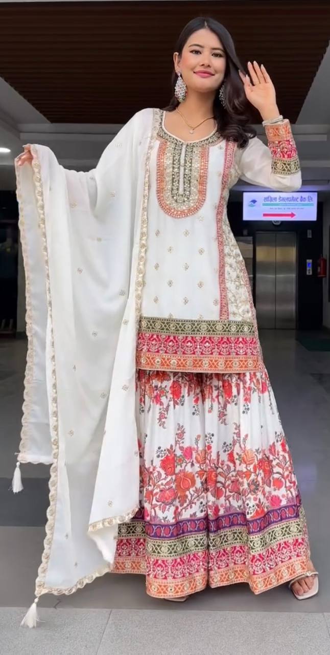 Stunning Embroidery Work White Color Palazzo Suit